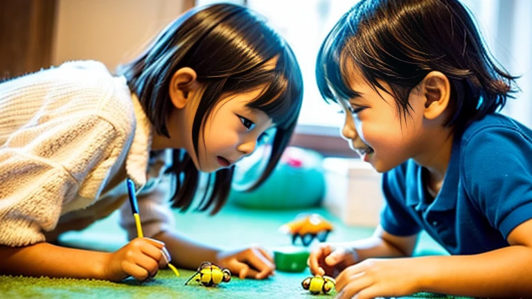 田舎で田舎でChildren playing with beautiful beetles、Children playing with beautiful beetles、