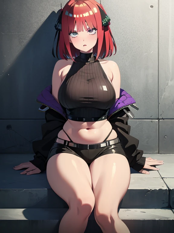 (masterpiece:1.4), highest quality, High resolution, lu1, cyborg, Multicolored Hair, compensate, Exposing shoulders, Black leotard, High leg leotard, (String:1.1), White jacket, Open jacket, belt, Shorts, Cowboy Shot, cyber punk, squat, wall, Abdominal muscles, A woman sitting facing the front , cyber punk, cybercore, Underarm, Bobcut, juicy thighs, Muscular woman, dirty, shiny and bright skin, Smooth surface, Tight body suit, Beautiful Face, Cute face、Plump、Big Breasts, Big Hips, Full Body Shot, Mature mother, Voluptuous thighs, ox, Seductive mature woman, Perfect body, Plus Size Model, Sailor suit, Wearing high heels,Miniskirt Uniform, Chunli