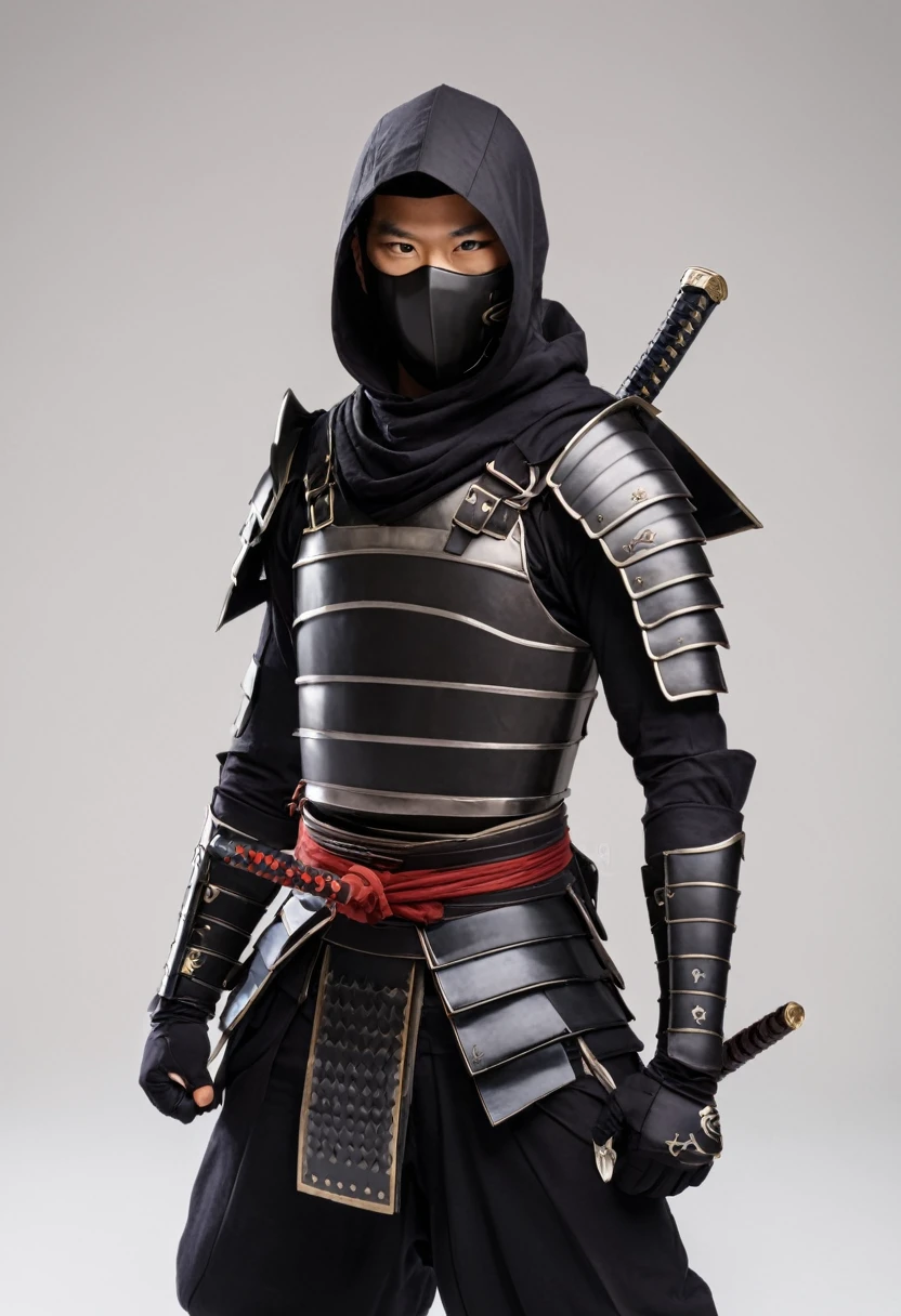 ninja, 1boy, solo, upbody, looking at viewer, gloves, male focus, black gloves, sword, hood, armor, mask, katana, shoulder armor, mouth mask, japanese armor, simple background, masterpiece, best quality