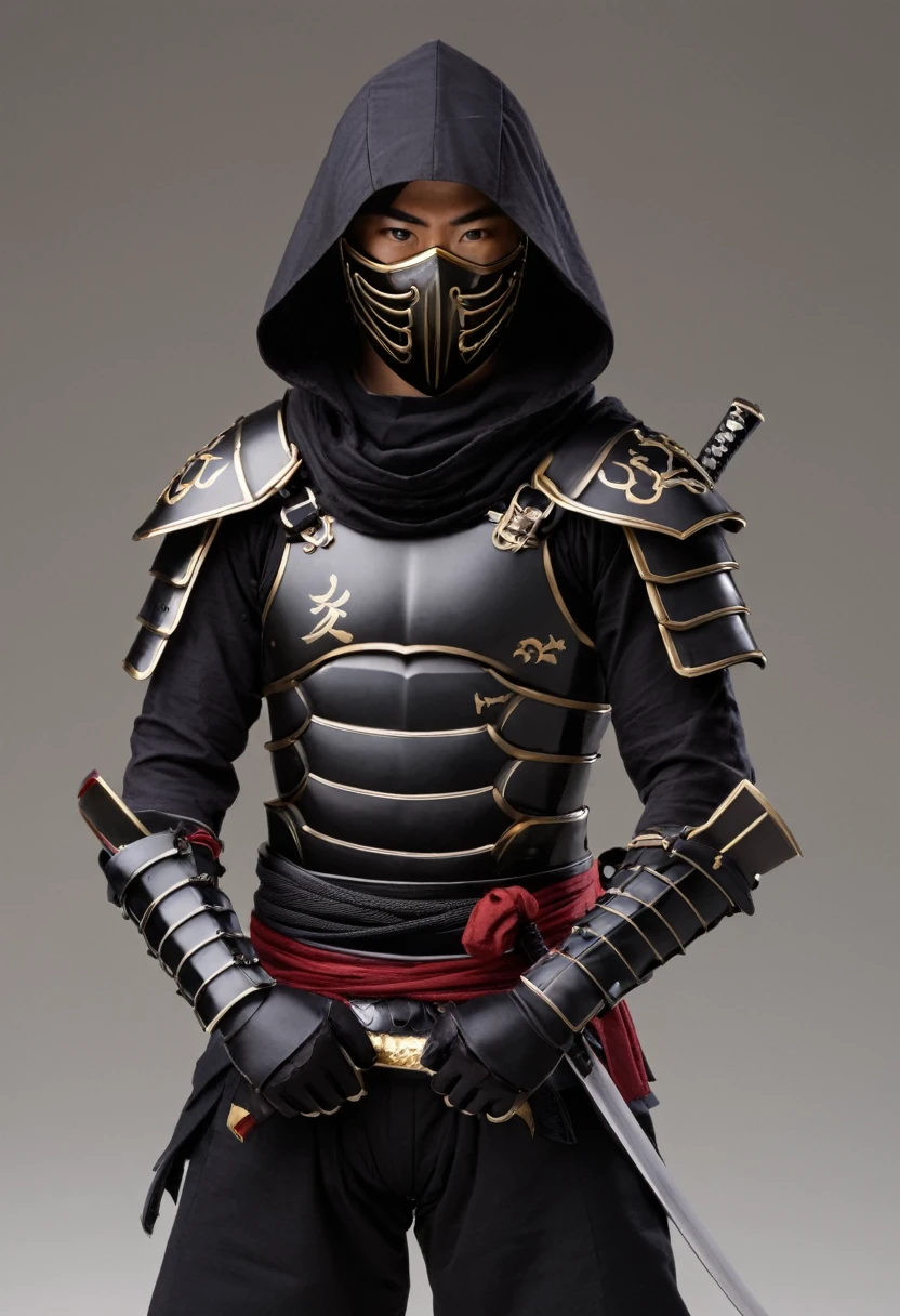 ninja, 1boy, solo, upbody, looking at viewer, gloves, male focus, black gloves, sword, hood, armor, mask, katana, shoulder armor, mouth mask, japanese armor, simple background, masterpiece, best quality