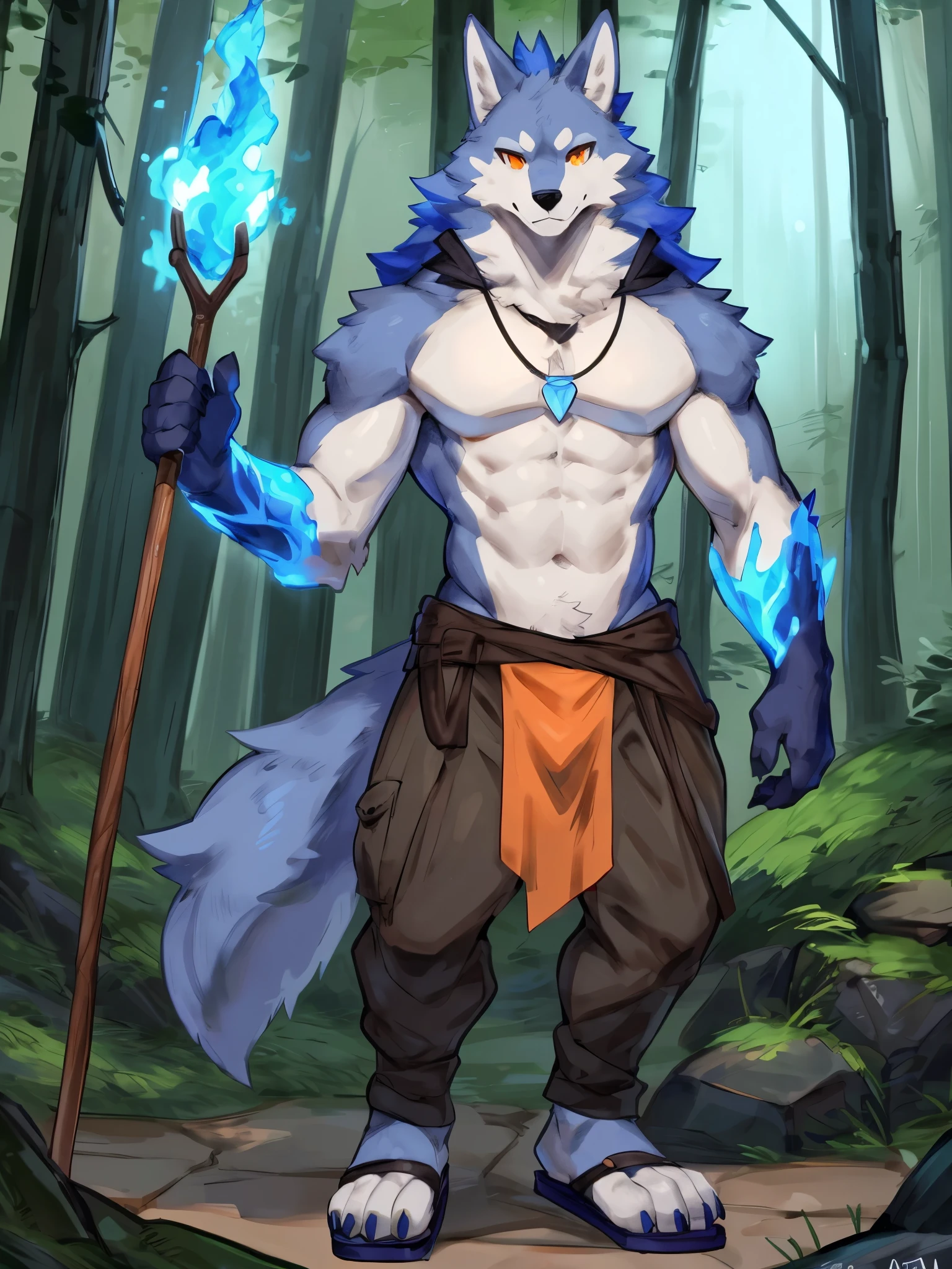 (best quality, masterpiece, detailed anatomy), by Buta99, by Zackary911, 1Male, Wolf, adult body, grey furs, blue fire hair bangs, Muscular body, orange eyes, shirtless, blue dot necklace, wood staff, yellow loincloth, green baggy pants, sandal, standing, in the forest