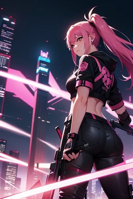 hilda, pink hair , long ponytail, cyberpunk, sword