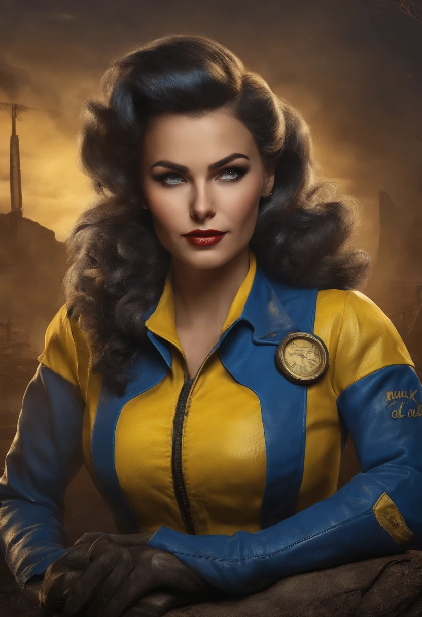 Fallout female character, with classic blue and yellow uniform suit, fiftyes poster of nuka-Cola pinup style, Post apocalyptic background 