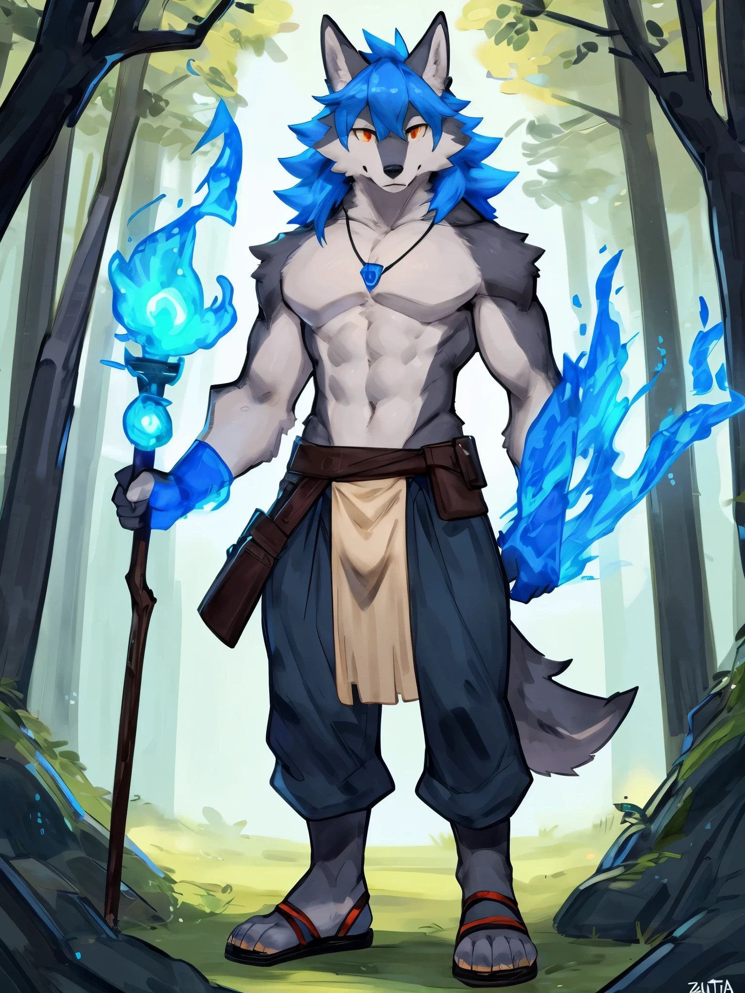 (best quality, masterpiece, detailed anatomy), by Buta99, by Zackary911, 1Male, Wolf, adult body, grey furs, blue fire hair bangs, Muscular body, orange eyes, shirtless, blue dot necklace, wood staff, yellow loincloth, green baggy pants, sandal, standing, in the forest