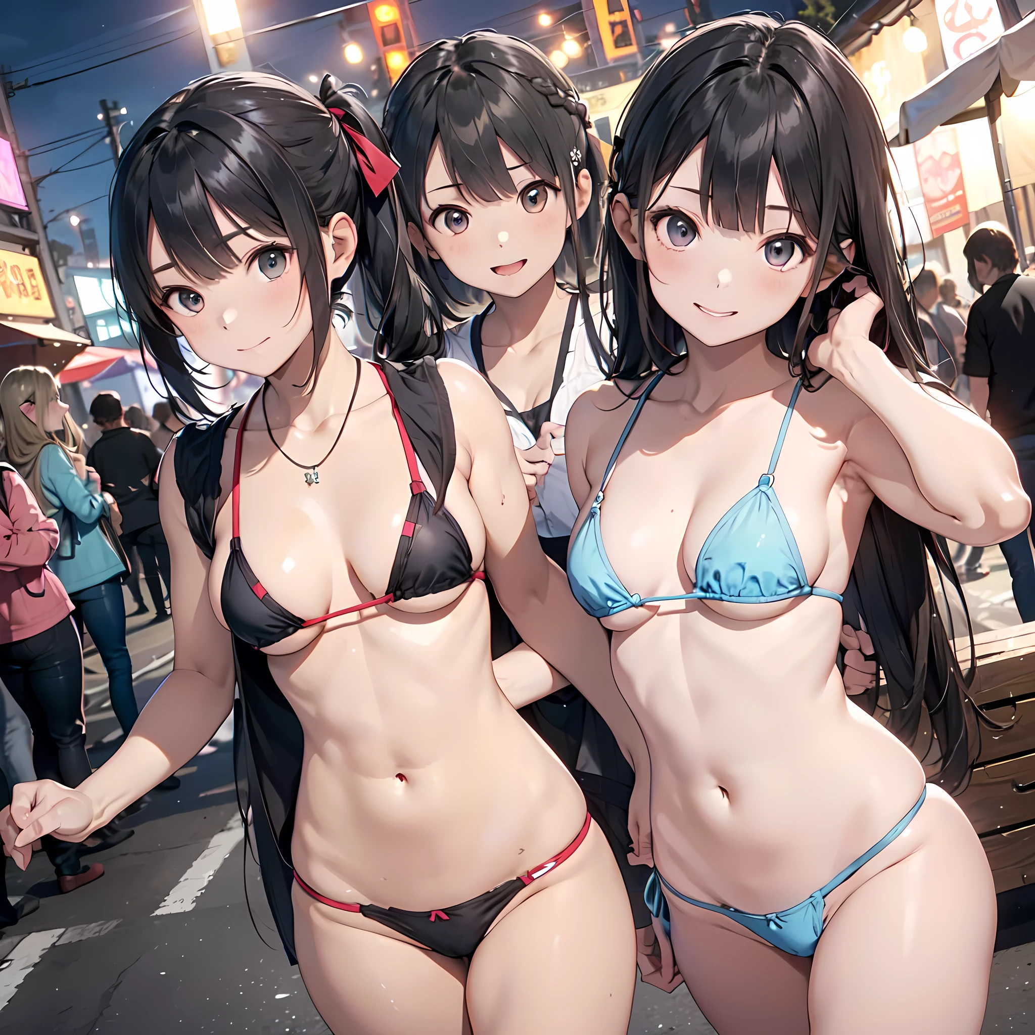 (masterpiece, best quality, ultra quality, high quality, hyper detailed, intricate detailed, perfect anatomy, shiny skin, body shot,), (3women are posing for a camera), (Outdoor Music Festival), slender, happy、fun、Laughing with your mouth open, brown hair, blond hair, silver hair, navel, jewelry, looking at viewer, necklace, long hair, short hair, Abdominal muscles, Thong,straight hair, bob cut, blunt bangs, silky hair, (jet black hair or brown hair), hair clip, hair band, hair ribbon, one-length haircut, ducktail, outward curled hair, French twist hair, twintails, side ponytail, single braid, wavy hair,