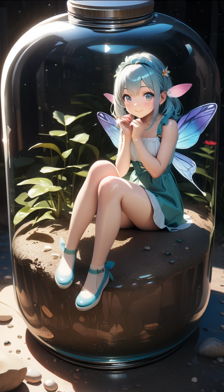 (best quarity,ultra detailed,ultra-high-resolution, absolutely resolution,8k, masterpiece),very-cute-and-beautiful-anime-fairy-girl,(full-body:1.8), highly-detailed-face-and-eyes,wearing fairy wing, smile, inside terarium bottle,
BREAK,photorealistic,bottle,soil, plants, sand, pebbles, water, and light,