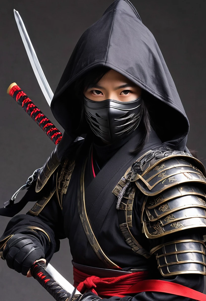 anime realism, ninja, 1girl, solo, upbody, looking at viewer, gloves, male focus, black gloves, sword, hood, armor, mask, katana, shoulder armor, mouth mask, japanese armor, simple background, masterpiece, best quality