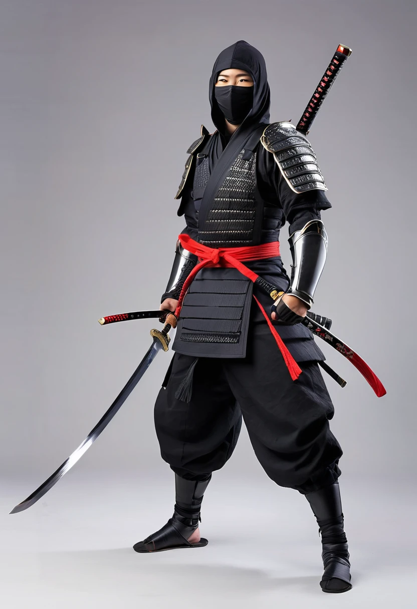 anime realism, ninja, 1girl, solo, upbody, looking at viewer, gloves, male focus, black gloves, sword, hood, armor, mask, katana, shoulder armor, mouth mask, japanese armor, simple background, masterpiece, best quality