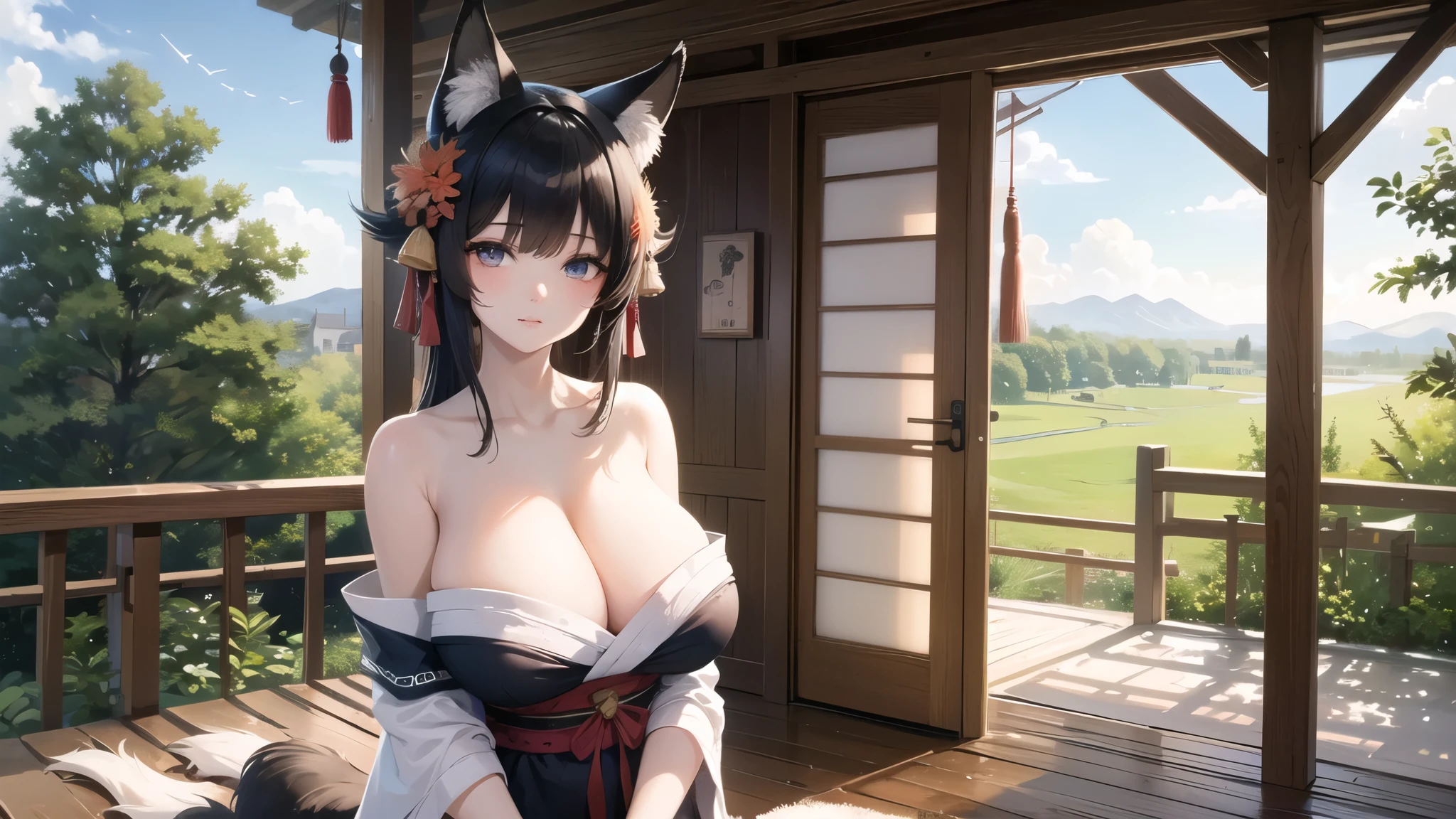 (((masterpiece, best quality))), (((superior quality))), cute girl, ((extremely detailed girl)), ((huge breasts)), fox ear, shrine maiden, (bare shoulders), strapless top