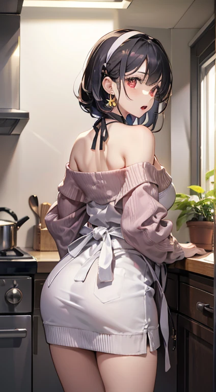 masterpiece, 1girl, Amazing Cleavage:1.3, thin waist, big ass, Raised sexy, medium breast:1.3,posed cleavage:1.2,solo, looking at viewer, open mouth, have a cup of coffee,black hair, red eyes, dress, bare shoulders, jewelry, collarbone, sidelocks, hairband, earrings, indoors, off shoulder, :o, sweater, arms behind back, plant, short hair with long locks, white hairband, off-shoulder dress, sweater dress, off-shoulder sweater, red sweater, big side hair, very long side hair,is rendered in (masterpiece: 1.2, best quality), with (ultra high resolution) and an exquisite (depth of field). This masterpiece is not only visually stunning but also tells, make of cooking some cakes ,in the kitchen
