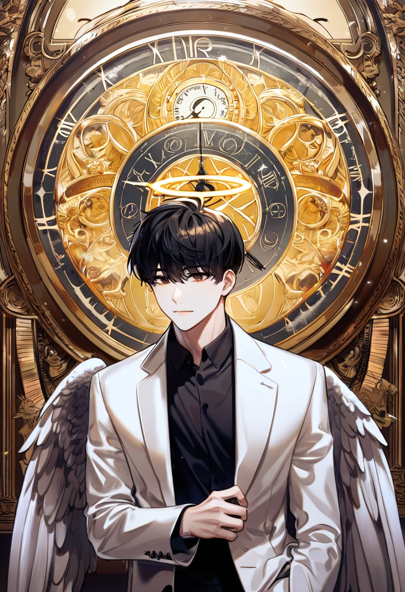 (absurdres, highres, ultra detailed, HDR) master piece, best quality, perfect face, delicated features, Kim Dokja, black hair, expressive brown eyes, Omniscient reader's viewpoint, solo, sexy man, handsome, white coat, black shirt, halo, angel, wings, roses, clock