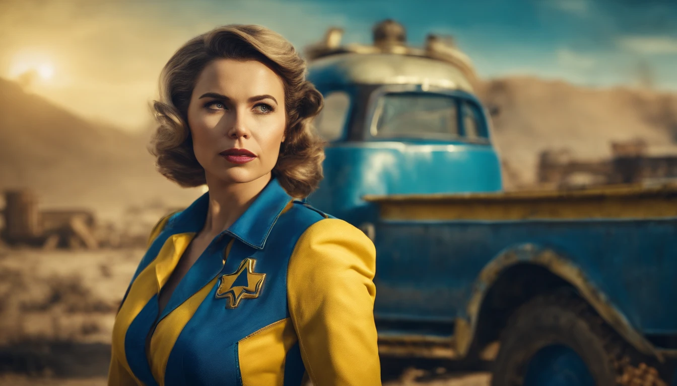 Fallout female character, with classic blue and yellow uniform suit, fiftyes poster of nuka-Cola pinup style, Post apocalyptic background 