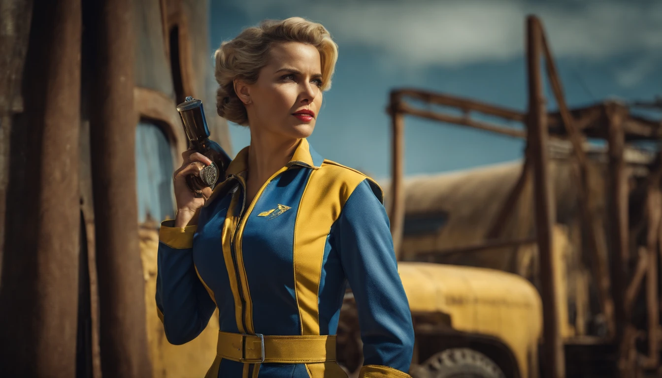 Fallout female character, with classic blue and yellow uniform suit, fiftyes poster of nuka-Cola pinup style, Post apocalyptic background