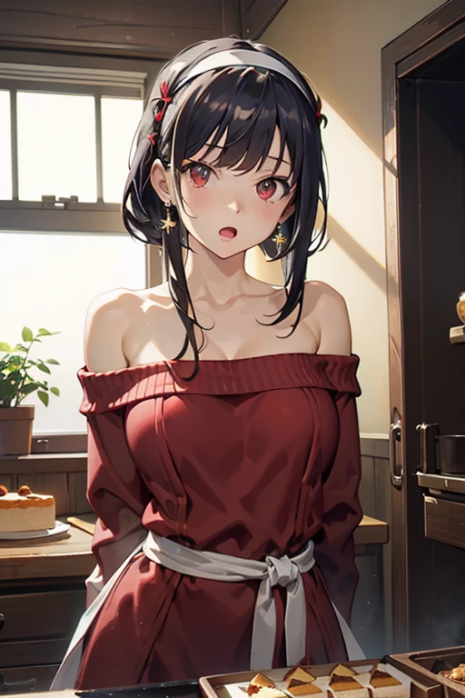 masterpiece, 1girl, Amazing Cleavage:1.3, thin waist, big ass, Raised sexy, medium breast:1.3,posed cleavage:1.2,solo, looking at viewer, open mouth, have a cup of coffee,black hair, red eyes, dress, bare shoulders, jewelry, collarbone, sidelocks, hairband, earrings, indoors, off shoulder, :o, sweater, arms behind back, plant, short hair with long locks, white hairband, off-shoulder dress, sweater dress, off-shoulder sweater, red sweater, big side hair, very long side hair,is rendered in (masterpiece: 1.2, best quality), with (ultra high resolution) and an exquisite (depth of field). This masterpiece is not only visually stunning but also tells, make of cooking some cakes ,in the kitchen
