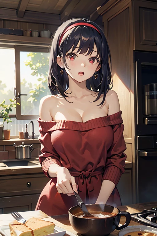 masterpiece, 1girl, Amazing Cleavage:1.3, thin waist, big ass, Raised sexy, medium breast:1.3,posed cleavage:1.2,solo, looking at viewer, open mouth, have a cup of coffee,black hair, red eyes, dress, bare shoulders, jewelry, collarbone, sidelocks, hairband, earrings, indoors, off shoulder, :o, sweater, arms behind back, plant, short hair with long locks, white hairband, off-shoulder dress, sweater dress, off-shoulder sweater, red sweater, big side hair, very long side hair,is rendered in (masterpiece: 1.2, best quality), with (ultra high resolution) and an exquisite (depth of field). This masterpiece is not only visually stunning but also tells, make of cooking some cakes ,in the kitchen
