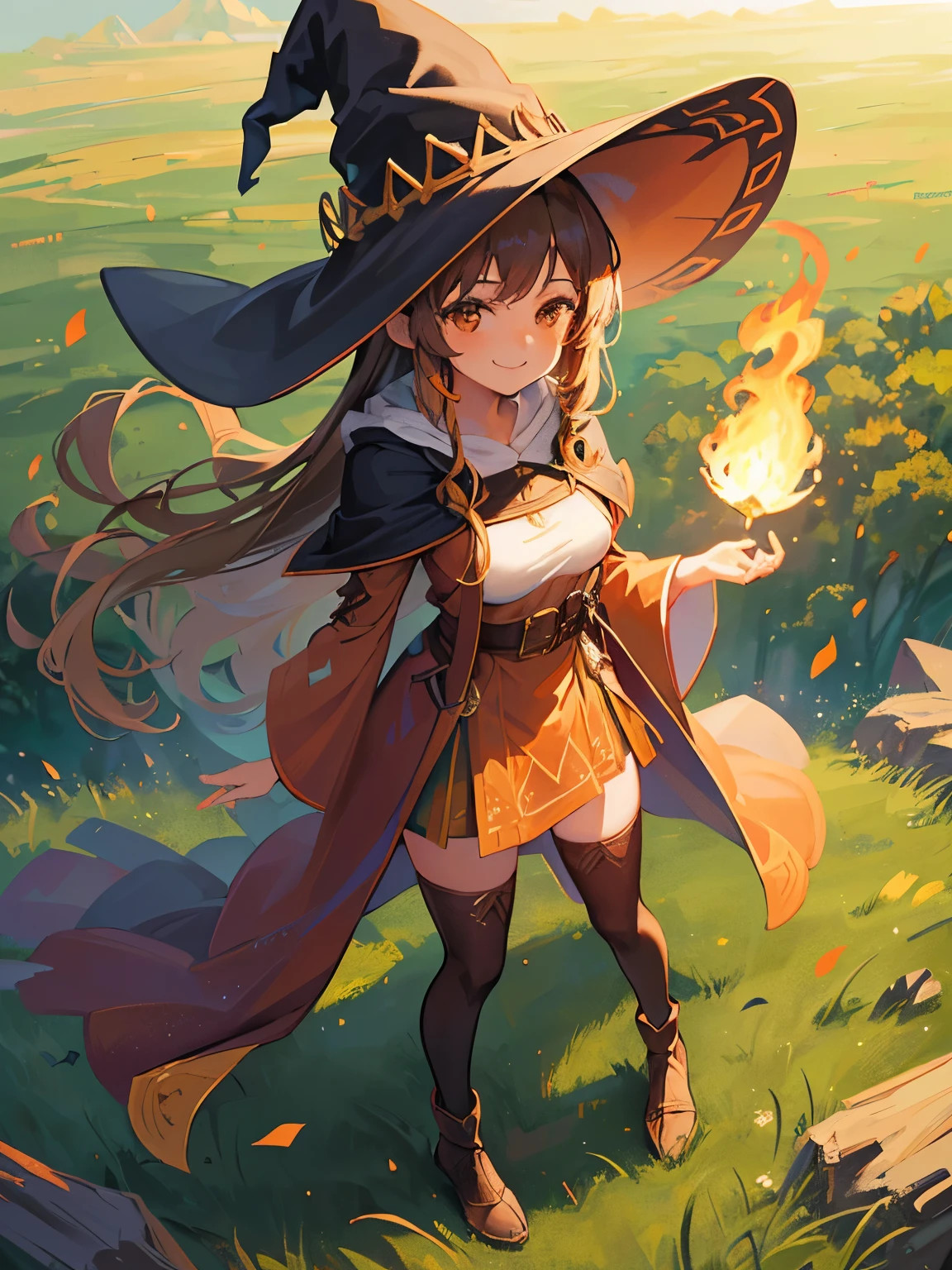 1girl, brown straight hair, ((brown eyes)), ((detailed face)), full body, (( wizard long robes)), medieval, (grassland background), masterrpiece, (smile), ((witch hat)), (beautiful), (medium breasts), (fire magic)