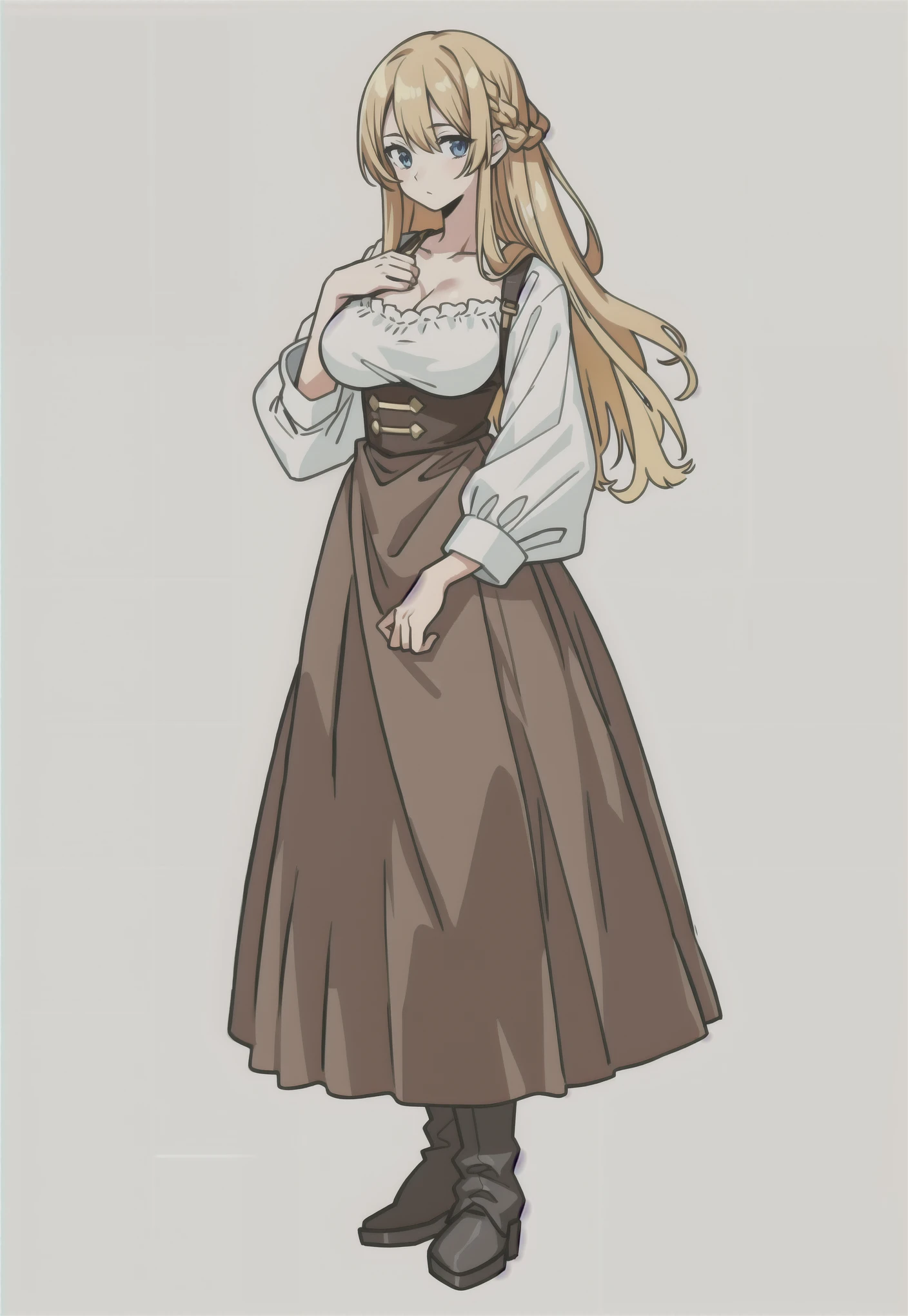 White background、Anime girl with long hair and a brown dress with a white shirt, female Anime characters, Wearing long, loose clothing, Final Fantasy Tactics characters, Anime characters, Official character art, Long Hair Anime Girl, Beautiful woman with light brown hair, ( ( Character Concept Art ) ), Peasant suit, Big Breasts、Big with a little sagging、Clothes that reveal cleavage、Black boots、Low heel boots、