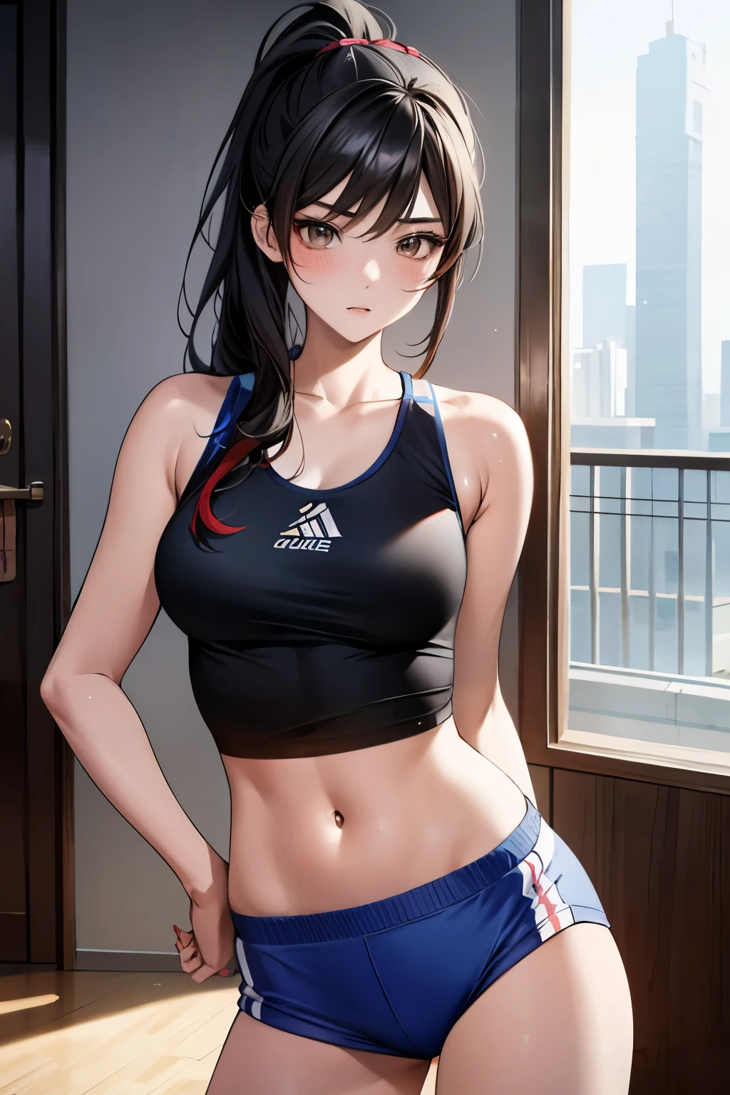 Korean sporty girl, (22 years old), in the apartment, front door, tank top, view from front, arrogant expression, (masterpiece, best quality, extremely detailed, hyper realistic)