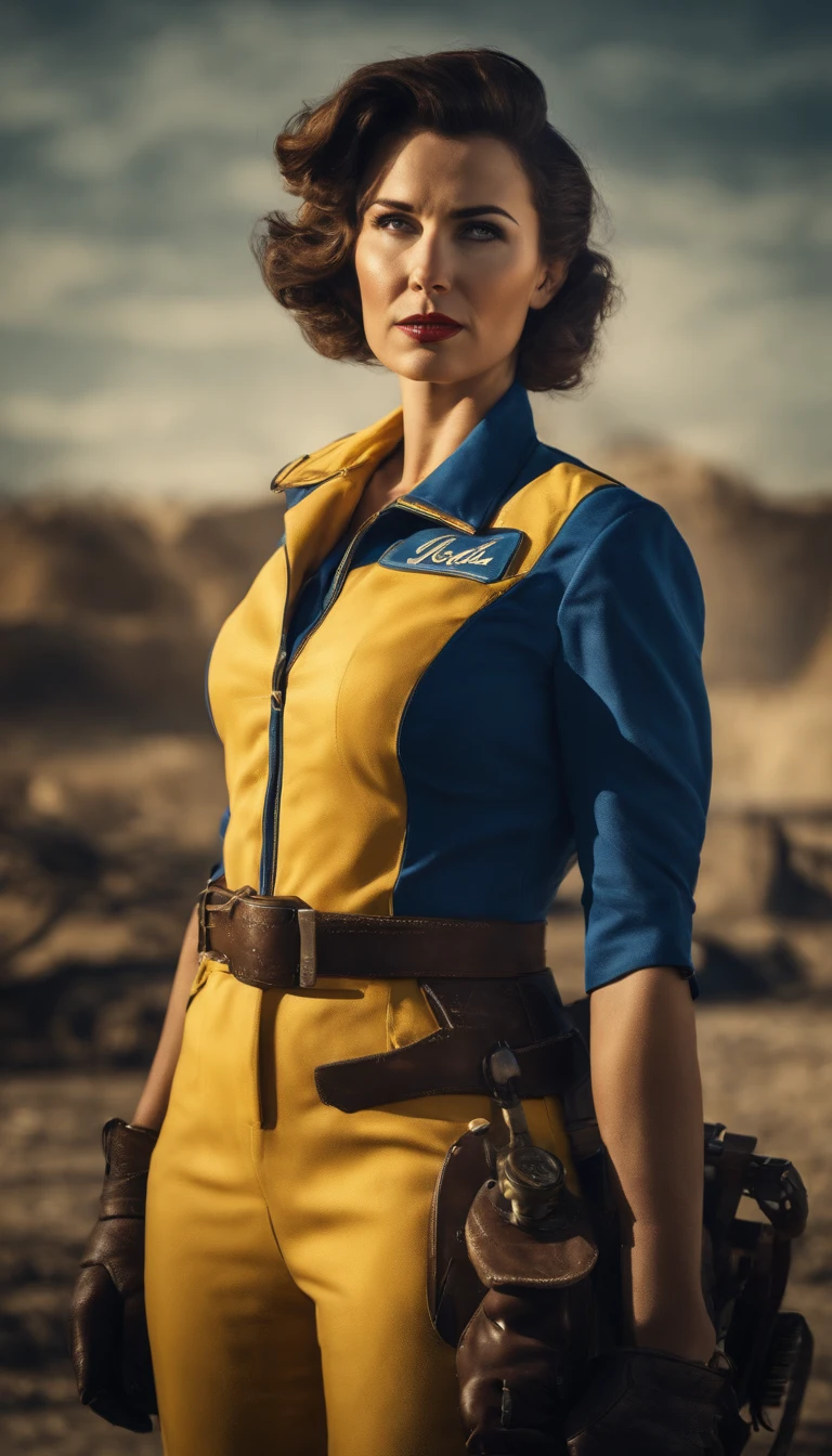 Fallout female character, with classic blue and yellow uniform suit, fiftyes poster of nuka-Cola pinup style, Post apocalyptic background