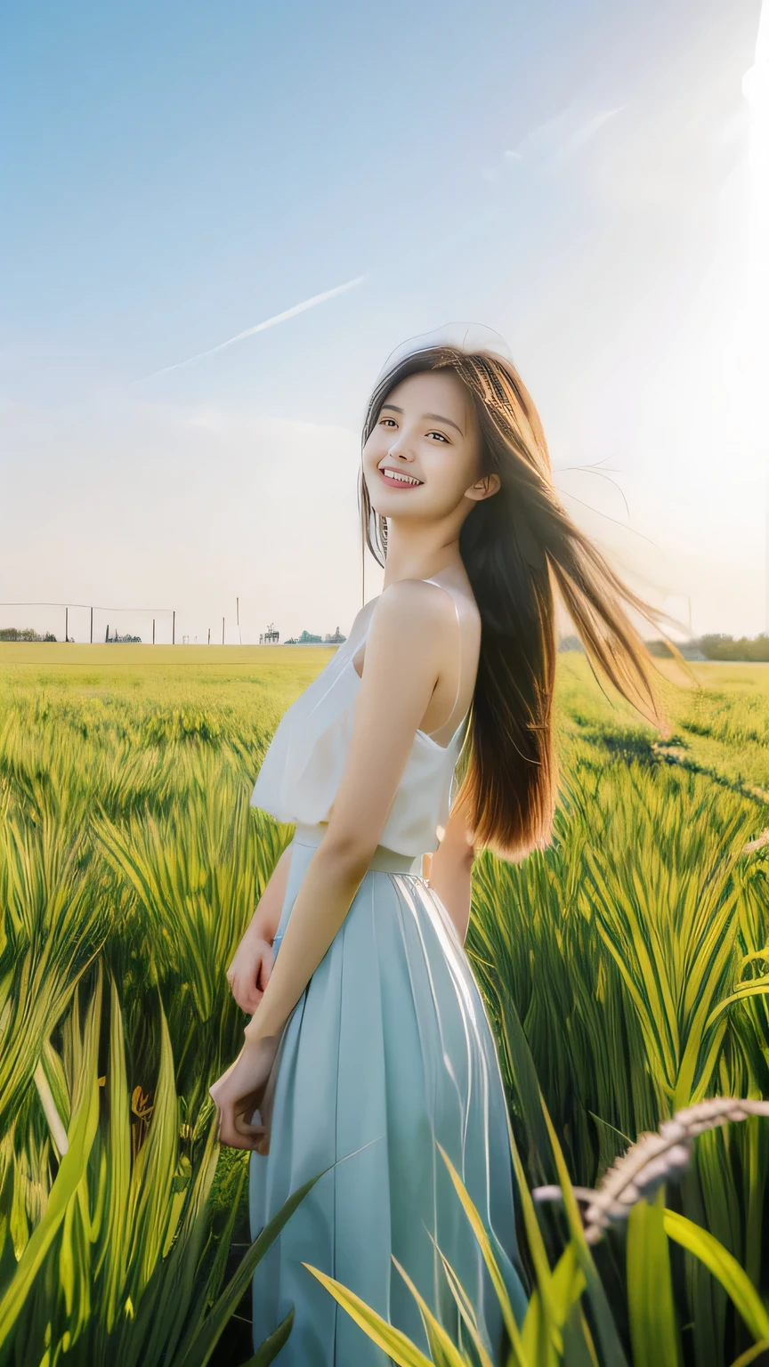 masterpiece, best quality, Ultra-high resolution, detailed illustration, portrait, detailed, 1 girl standing in a wheat field, Solitary, Long hair, skirt, flower, White Hanfu, Smile, whole body, white flower, Bare shoulders, very Long hair, Light green hair, Shut up, For the audience, Bangs,