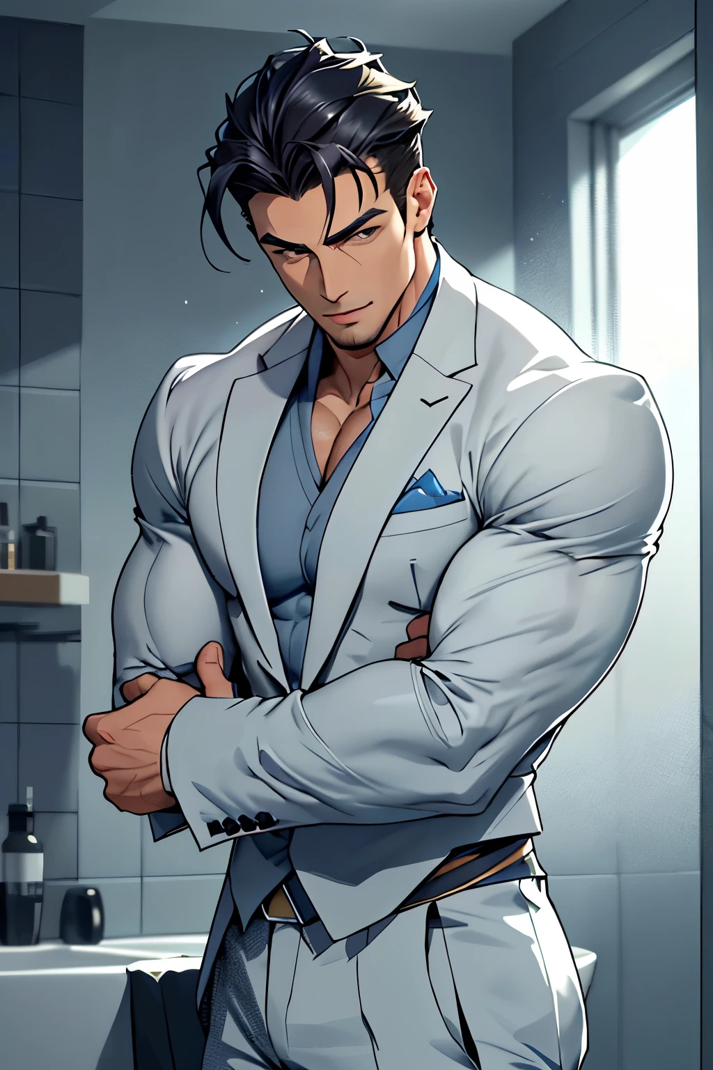 A muscular and elegant young man, with chiseled abs and defined muscles, stands tall with a refined posture. His toned body is accentuated by the bright light that bathes his sculpted form. His skin glows with a healthy sheen, giving him an alluring charm. His hair, styled sleekly, falls softly over his forehead, framing his handsome face. The man's deep-set eyes, filled with intelligence and confidence, gaze intently at the viewer, while his full lips curve into a subtle, seductive smile. He wears a form-fitting suit, the fabric hugging his body like a second skin, and exudes an air of sophistication and grace