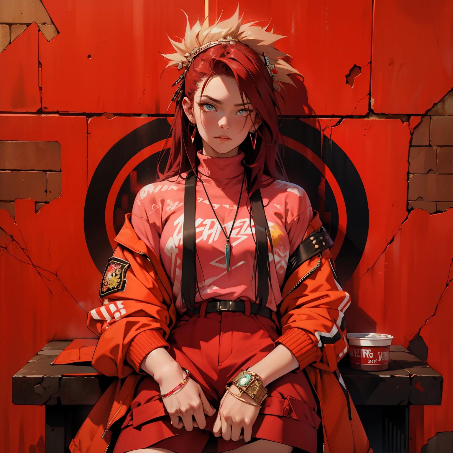 (masterpiece, best quality, 1 girl, solo, intricate details, chromatic aberration), realistic, ((medium breath)),long hair, red hair, red decoration on the head, pink highlights, amber eyes, earrings, sharp eyes, necklace, neon shirt, ripped shorts, unbuttoned jacket, turtleneck, night, against the wall, brick wall, graffiti, dim lighting, alley, look at the viewer