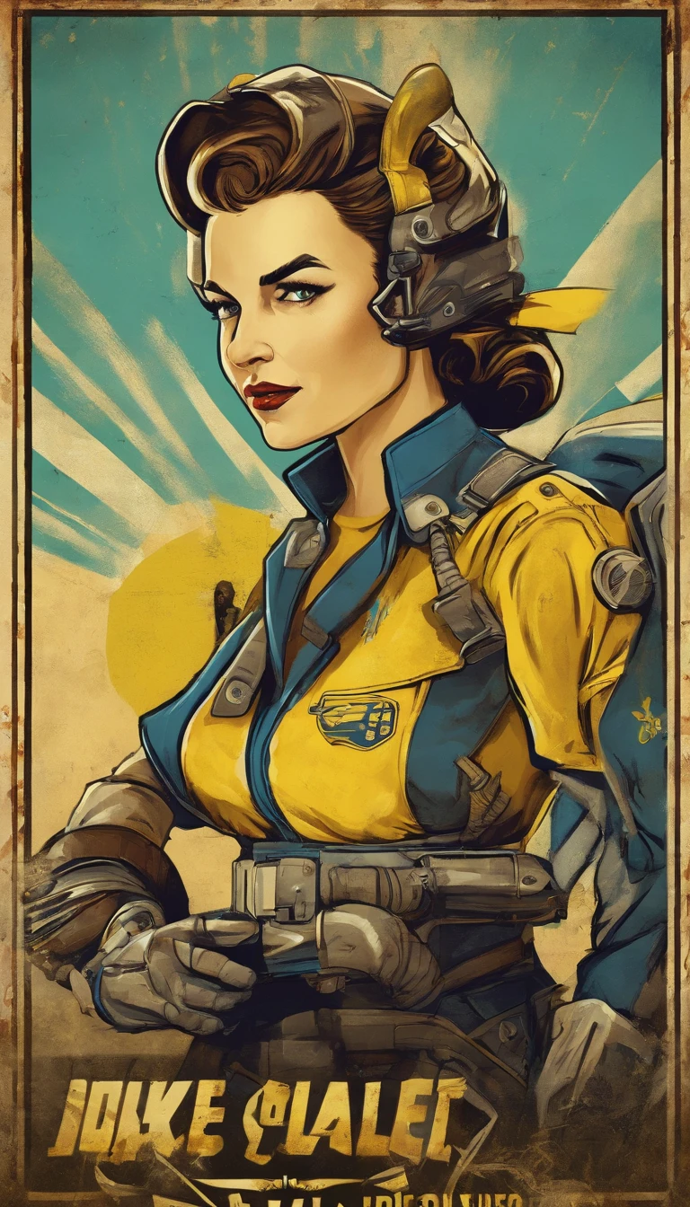 Fallout female character, with classic blue and yellow uniform suit, fiftyes poster of nuka-Cola pinup style, Post apocalyptic background 