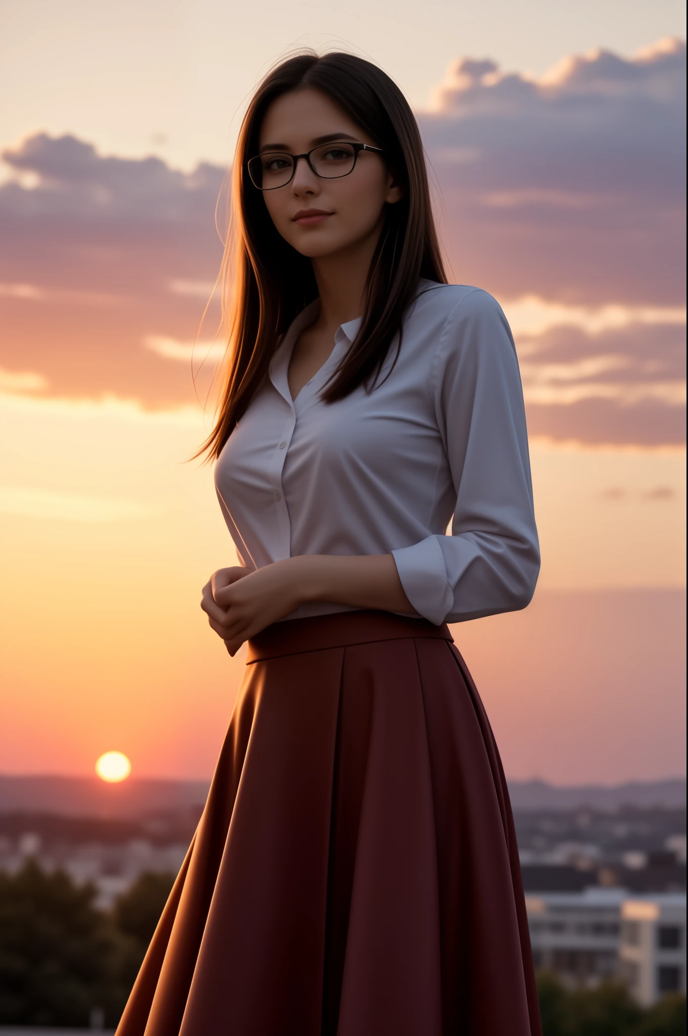 Hot girl, wearing glasses, smirking, looking up, 25 years old, pretty, beautiful, semi-side pose, sunset, pro photography, feminine, skirt, style, feminine touch, Russian race