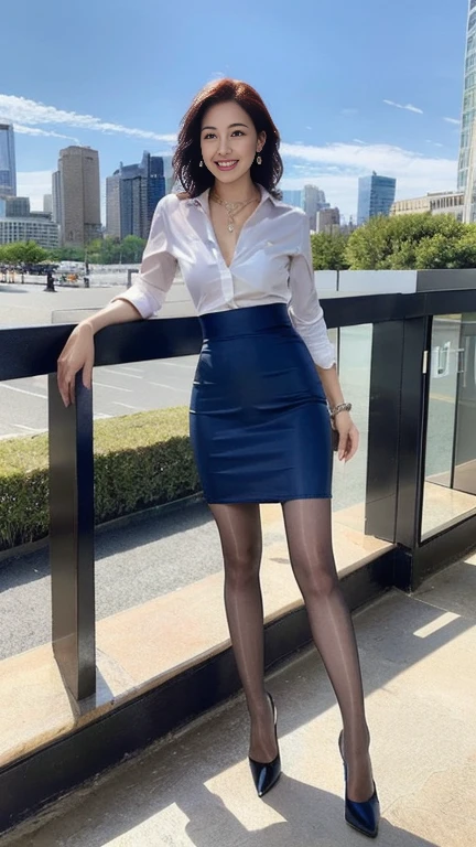 ((highest quality、Ultra-high resolution、8K、masterpiece、Ultra HD))、1 girl 、Delicate face、Detailed eyes and face、double eyelid、Pretty Face、Brown short bob hair、Heavy makeup、Tall and beautiful woman、Long, slender legs、Narrow waist、Mature Woman、Glamorous and sexy woman、Perfect Anatomy、((Collared shirt、Blue satin pencil skirt、pantyhose、High heels))、Cleavage、Modern architecture in the background、Detailed Background、Adorable、Smile、Earrings、necklace、bracelet