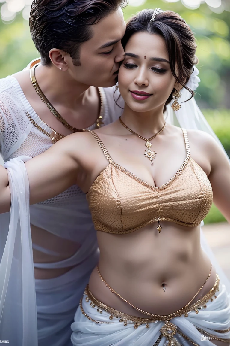 HD wallpaper 32k cinematic shoot of a Beautiful cute girl, with thick thighs and a curvy waist, wearing a Beautiful Indian Dress, ((lowwaist)), ((kissing a man)), ((kiss))