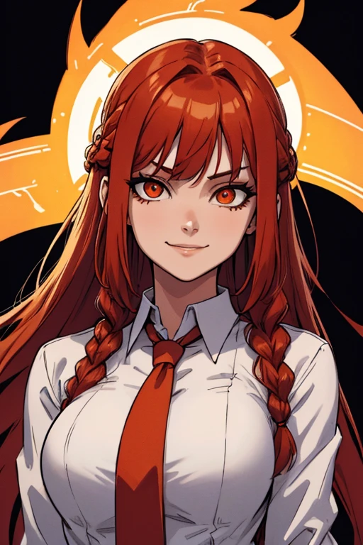 makima (chainsaw man), best quality, ultra detailed, 1girl, solo, standing, red hair, long braided hair, golden eyes, bangs, medium breasts, white shirt, necktie, stare, smile, (evil:1.2), looking at viewer, (interview:1.3), (dark background), from below, sharp contrast , gorgeous detailed eyes, focus , close up shot , glowing orange eyes,front view