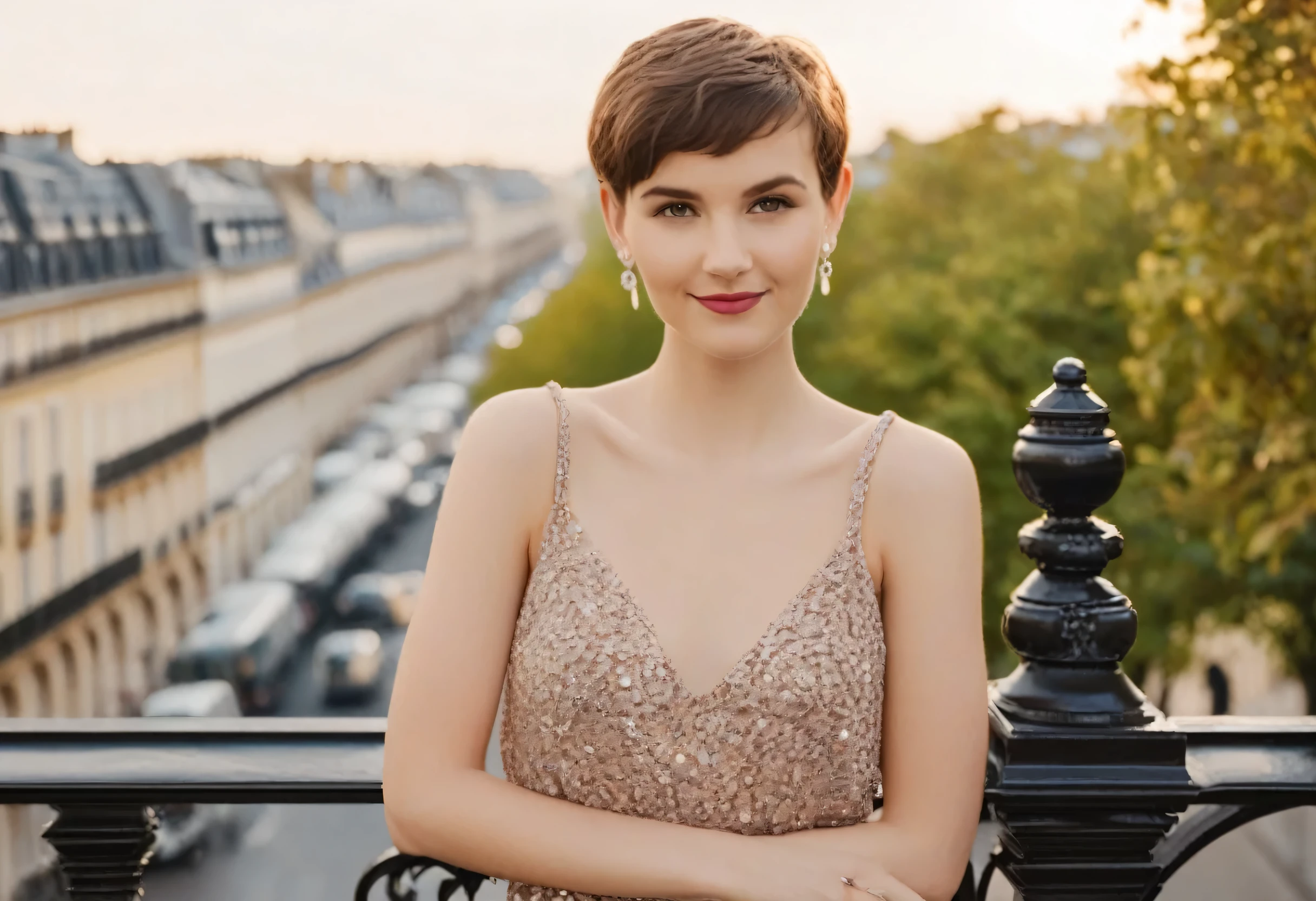 25-year old woman leaning on a railing with a lot of ornament in a french city looking lovingly into the camera. fit, summer dress, playful, beautiful face, pixie-cut