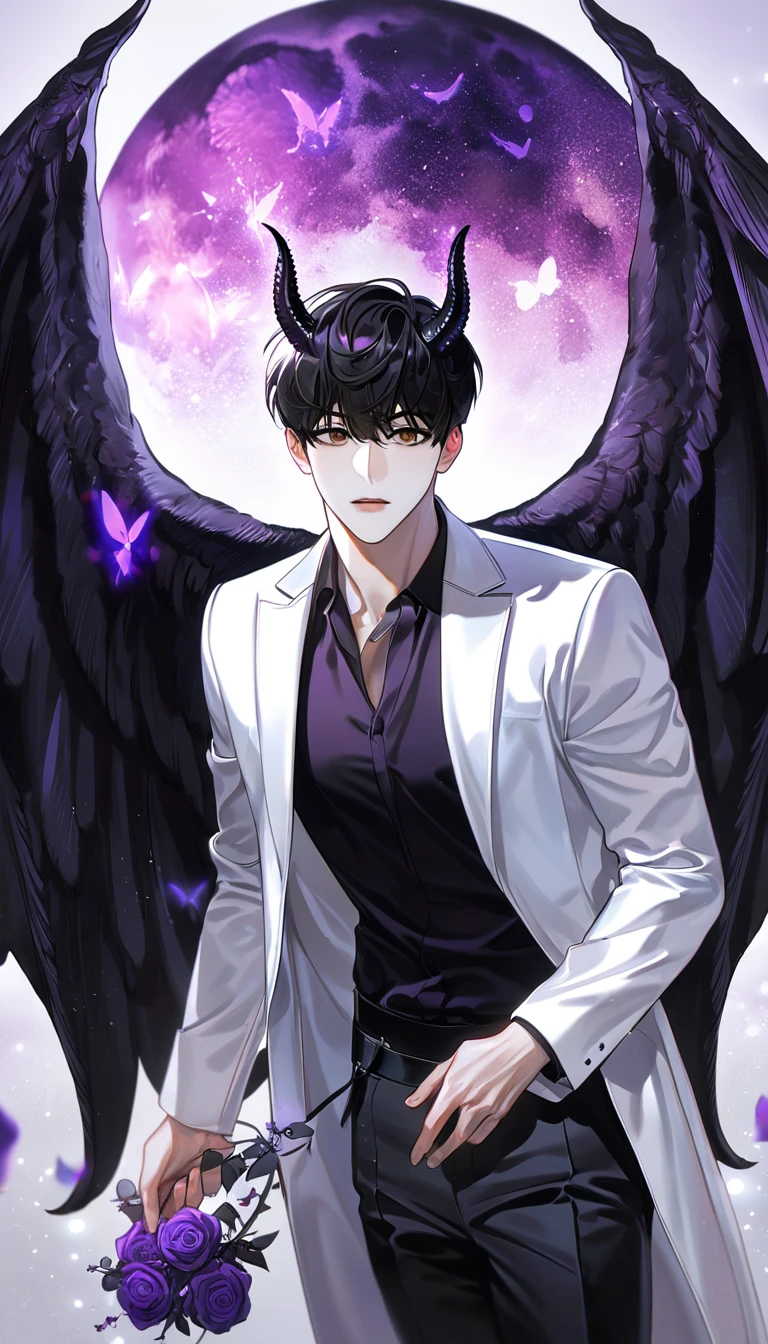 (absurdres, highres, ultra detailed, HDR) master piece, best quality, perfect face, Kim Dokja, black hair, expressive brown eyes, Omniscient reader's viewpoint, solo, sexy man, handsome, white coat, black shirt, black pants, black horns, black angel wings, purple moon, purple flames, purple butterflies, purple roses, starry sky