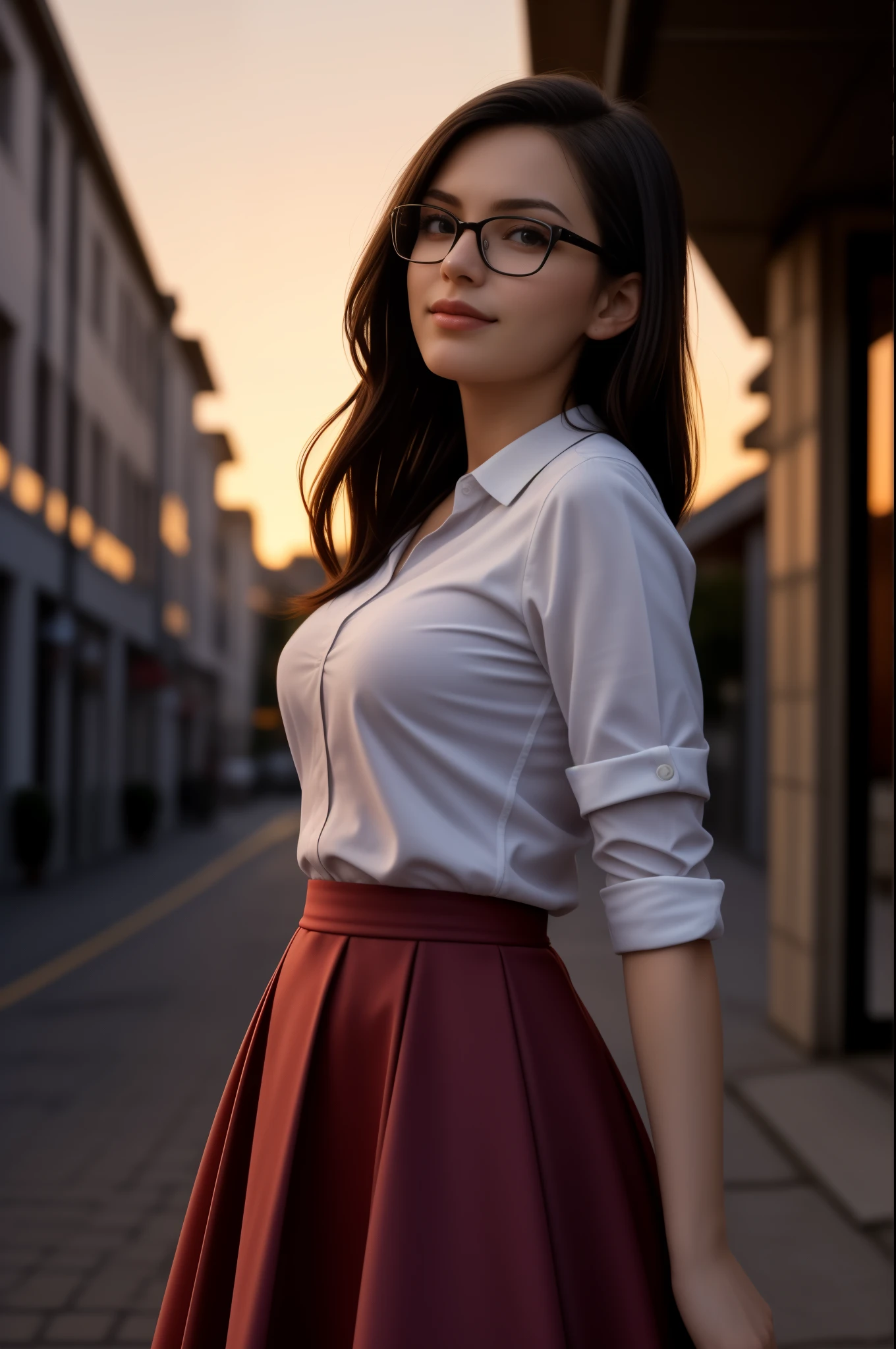 Hot girl, wearing glasses, smirking, looking up, 25 years old, pretty, beautiful, semi-side pose, sunset, pro photography, feminine, skirt, style, feminine touch, Russian race, hands on the back
