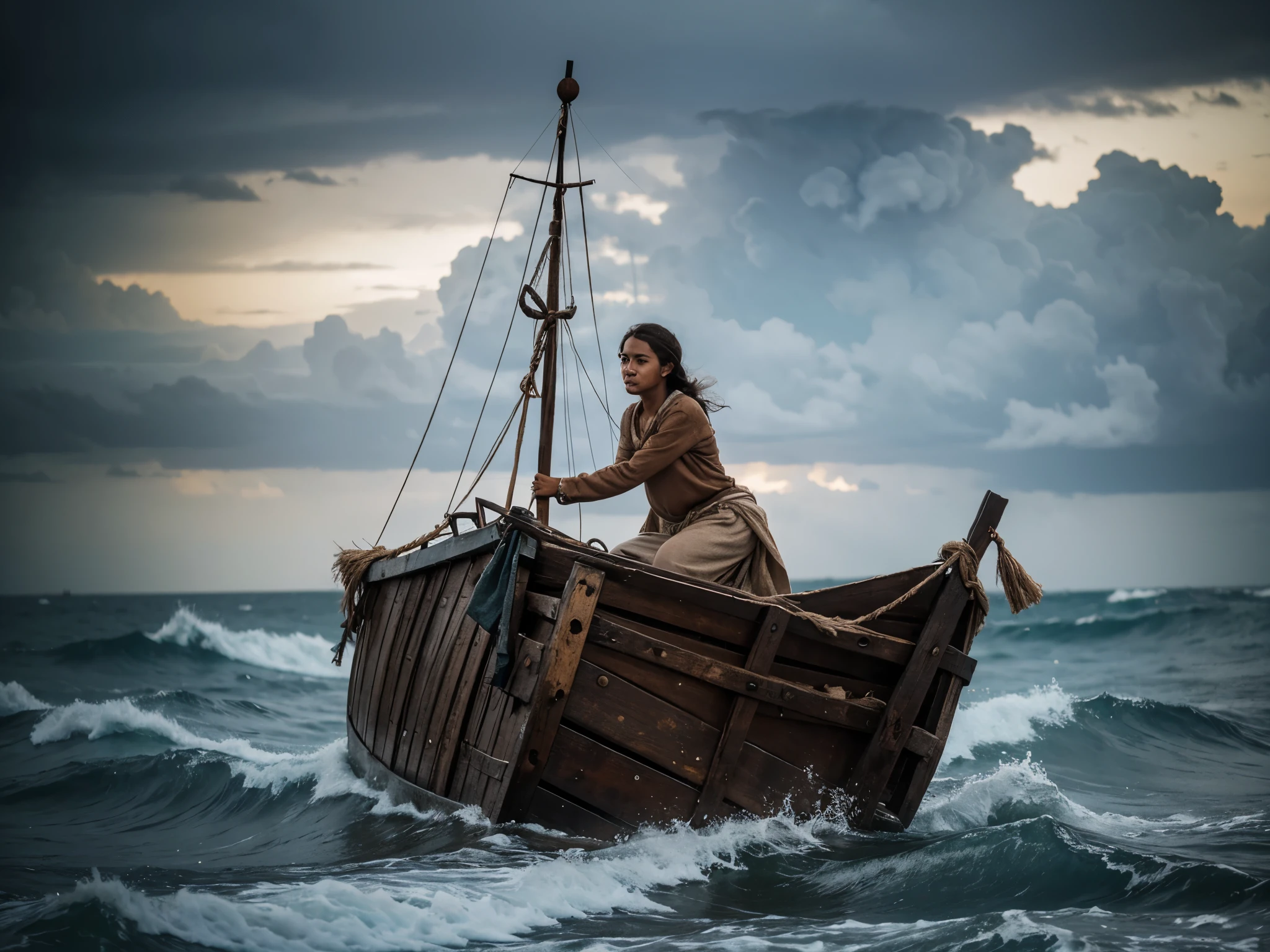 a beautiful shipwrecked woman in ragged clothes clings to a makeshift raft in a stormy sea