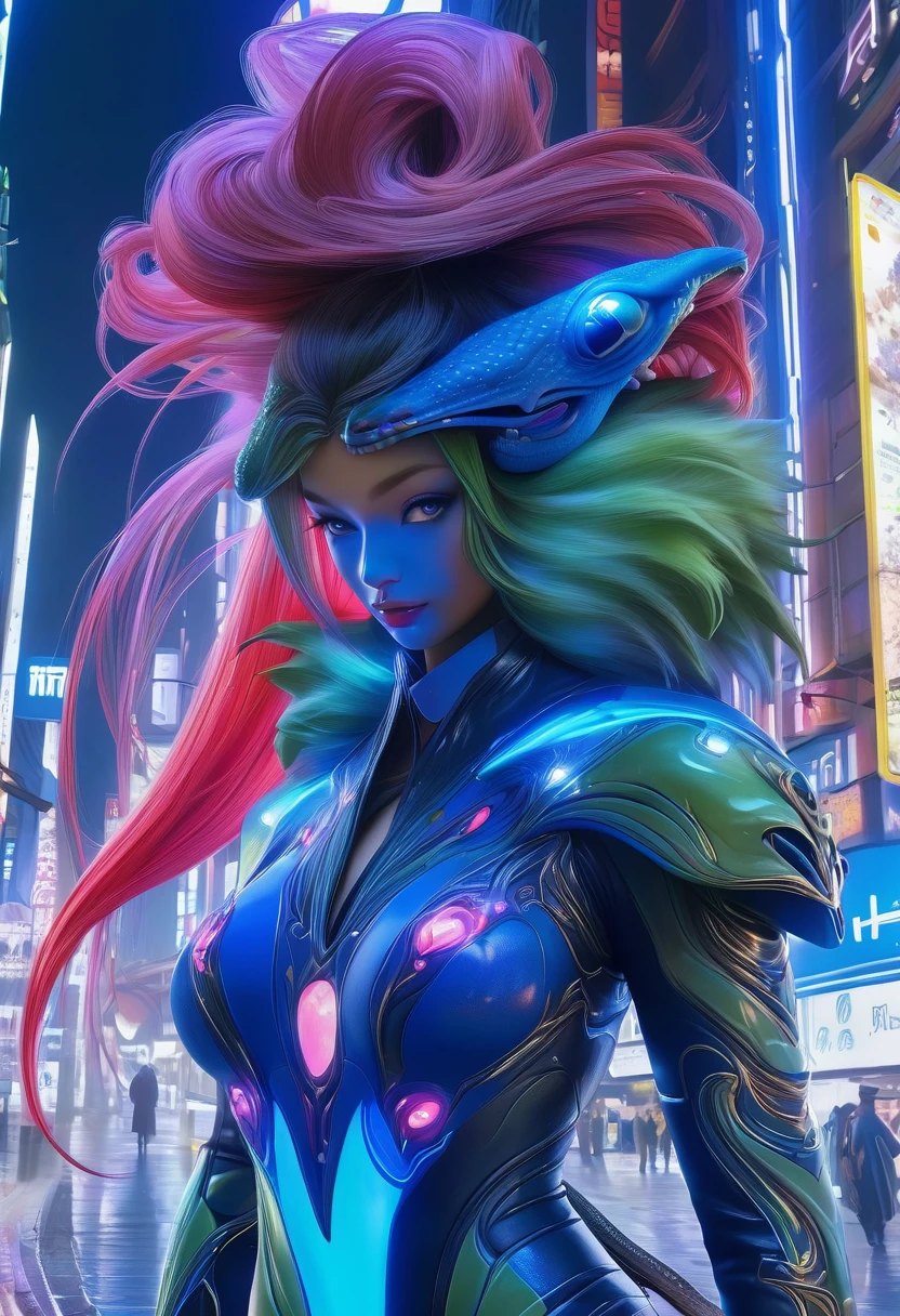 (best quality,4k,highres),(realistic,photorealistic:1.37),(Yoshitaka Amano style:1.1),SFW,(safe for work), A woman and her guardian familiar, mystical creature,otherworldly creature,enchanting companions,wearing stylish futuristic clothes,inspired by Phantasy Star Online, dynamic poses, (The woman, with her eyes brightly colored, no makeup and her facial features elegantly detailed, adding to her allure. Dressed in elegant casual clothes with a stylish futuristic jacket.), (She is accompanied by a guardian, a salamander and frog mixed creature with exquisite anatomical features. The creature's presence adds a sense of wonder and magic to the scene.), (The woman and her companion stand in a vibrant and bustling city, a modern metropolis with bustling streets, and vibrant signs. The colors are vibrant, with a mixture of dark blues, olive, and pale reds creating a dreamlike atmosphere.), (The lighting is soft but illuminating, casting a gentle glow on both the woman and the creature.), (The overall composition has a realistic and photorealistic quality, capturing the essence of the scene in intricate detail.), (The art style is inspired by Yoshitaka Amano, known for his ethereal and otherworldly illustrations. The combination of realistic elements with the artist's unique style creates a captivating and visually stunning image.),Greg Rutkowski
