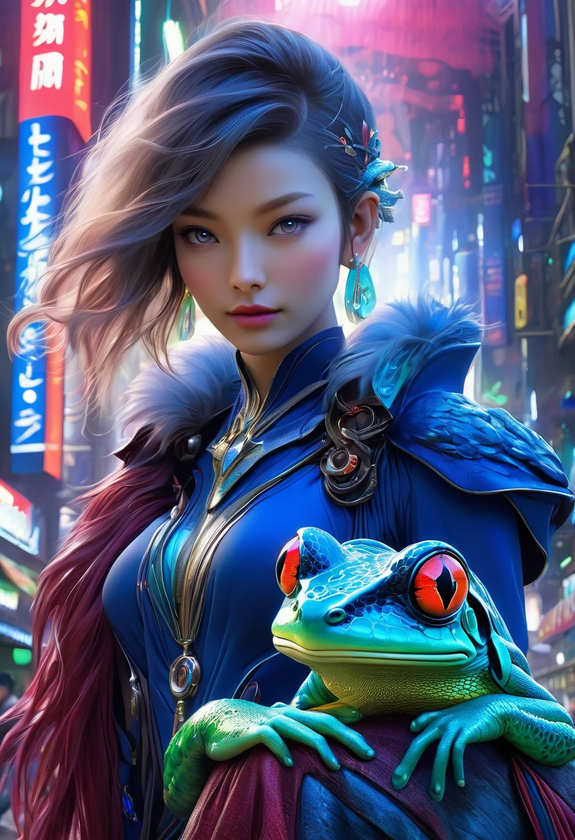 (best quality,4k,highres),(realistic,photorealistic:1.37),(Yoshitaka Amano style:1.1),SFW,(safe for work), A woman and her guardian familiar, mystical creature,otherworldly creature,enchanting companions,wearing stylish futuristic clothes,inspired by Phantasy Star Online, dynamic poses, (The woman, with her eyes brightly colored, no makeup and her facial features elegantly detailed, adding to her allure. Dressed in elegant casual clothes with a stylish futuristic jacket.), (She is accompanied by a guardian, a salamander and frog mixed creature with exquisite anatomical features. The creature's presence adds a sense of wonder and magic to the scene.), (The woman and her companion stand in a vibrant and bustling city, a modern metropolis with bustling streets, and vibrant signs. The colors are vibrant, with a mixture of dark blues, olive, and pale reds creating a dreamlike atmosphere.), (The lighting is soft but illuminating, casting a gentle glow on both the woman and the creature.), (The overall composition has a realistic and photorealistic quality, capturing the essence of the scene in intricate detail.), (The art style is inspired by Yoshitaka Amano, known for his ethereal and otherworldly illustrations. The combination of realistic elements with the artist's unique style creates a captivating and visually stunning image.),Greg Rutkowski