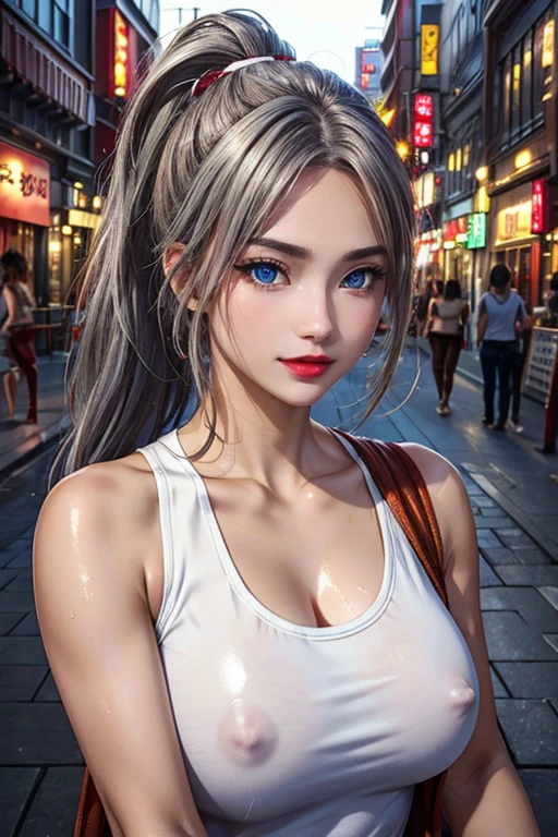 Urban beautiful girl college student, masterpiece, light makeup, red lips, silver hair, messy long hair, street background, beautiful, elegant. super fine details, master works, authentic texture, cinematic lighting realism, perfect job, 16K, hd, exquisite features,blue eyes、japanese idol、Beautiful Face、cute smile、brown hair、beautiful hair、ponytail、glamorous、perfect breasts、erect nipples、Oily muscle、shiny skin、white skin, glowing skin, bright big eyes, smooth skin, super sexy tank top, wet tank top, thin tank top