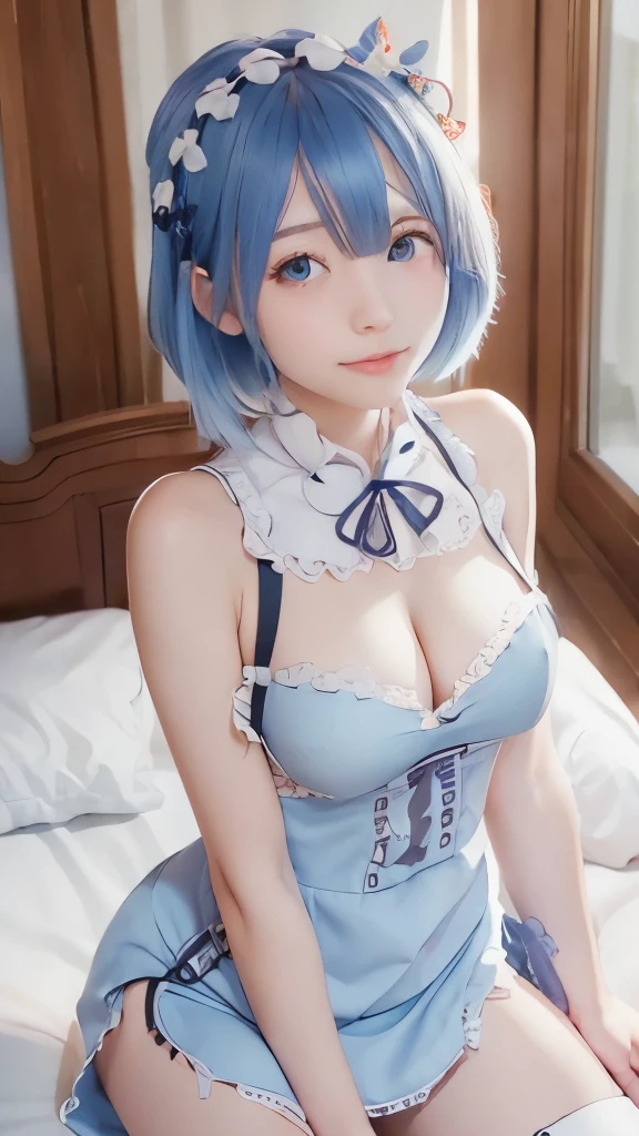 ((masterpiece)), ((highest quality)), (Very detailed), pretty girl, One girl, alone, , ((Beautiful Eyes)), smile,On the bed, Beautiful Blue Hair、(Naked Apron)、