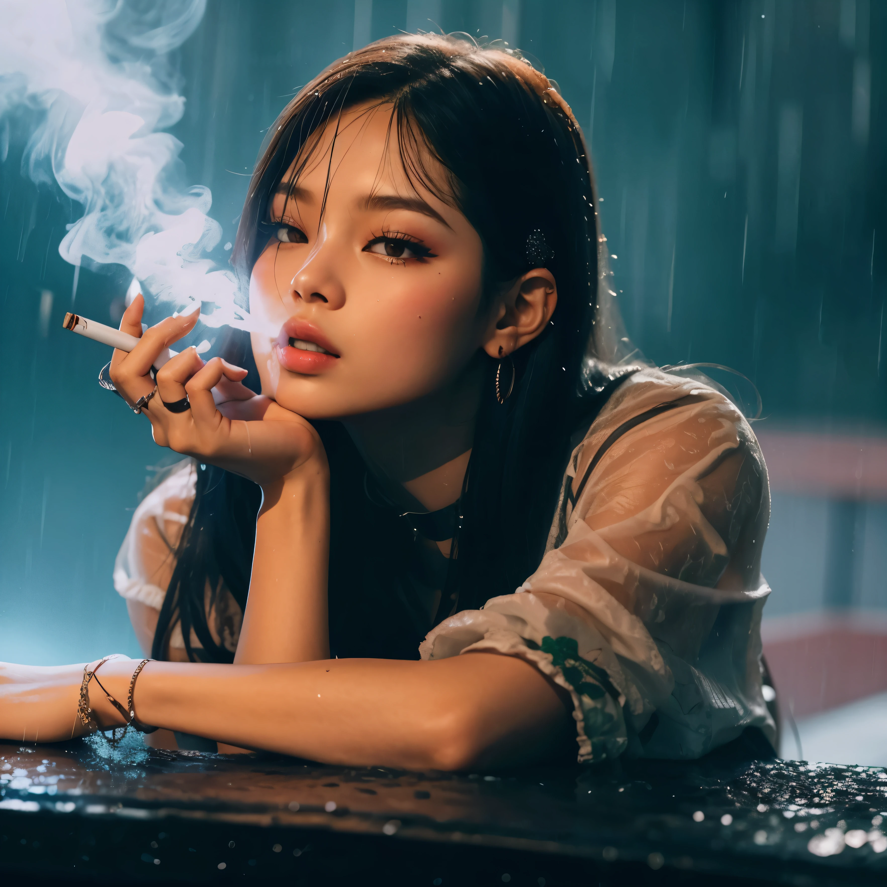 Jennie girl fumar um cigarro na chuva while sitting on a table, Jenny blackpink, fumar um cigarro na chuva, chovendo, rain aesthetic, Ulzzang China, Clima chuvoso, Jenny do blackpink, garota chinesa, primeira onda, Jenny kim, garota chinesa bonita, Jenny, brilhante da chuva