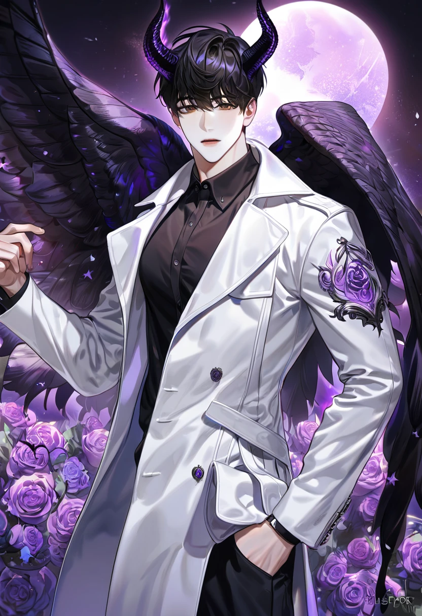 (absurdres, highres, ultra detailed, HDR) master piece, best quality, perfect face, Kim Dokja, black hair, expressive brown eyes, Omniscient reader's viewpoint, solo, sexy man, handsome, white coat, black shirt, black pants, black horns, black angel wings, purple moon, purple flames, purple butterflies, purple roses, starry sky