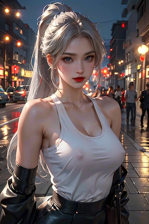 Urban beautiful girl college student, masterpiece, light makeup, red lips, silver hair, messy long hair, street background, beautiful, elegant. super fine details, master works, authentic texture, cinematic lighting realism, perfect job, 16K, hd, exquisite features,blue eyes、japanese idol、Beautiful Face、cute smile、brown hair、beautiful hair、ponytail、glamorous、perfect breasts、erect nipples、Oily muscle、shiny skin、white skin, glowing skin, bright big eyes, smooth skin, super sexy tank top, wet tank top, thin tank top