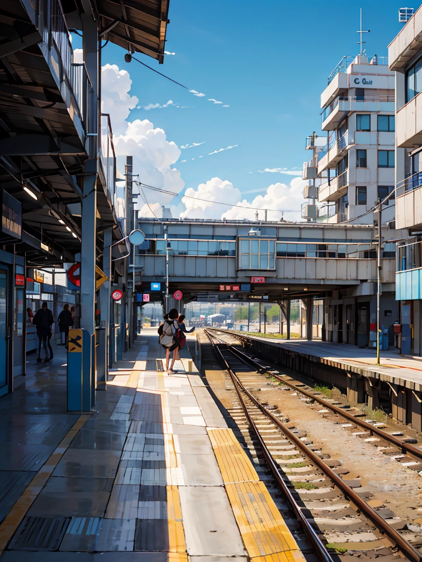 of the highest quality, hermosas y vastas llanuras, lozano, flor, tierra, horizonte, (Detailed modern station platform with a girl), cumulonimbo, cielo azul, duchas, fixing platform, shinkai makoto