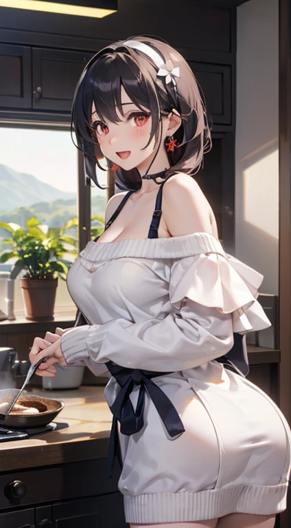 masterpiece, 1girl, Amazing Cleavage:1.3, thin waist, big ass, Raised sexy, medium breast:1.3,posed cleavage:1.2,solo, looking at viewer, open mouth, have a cup of coffee,black hair, red eyes, dress, bare shoulders, jewelry, collarbone, sidelocks, hairband, earrings, indoors, off shoulder, :o, sweater, arms behind back, plant, short hair with long locks, white hairband, off-shoulder dress, sweater dress, off-shoulder sweater, red sweater, big side hair, very long side hair,is rendered in (masterpiece: 1.2, best quality), with (ultra high resolution) and an exquisite (depth of field). This masterpiece is not only visually stunning but also tells, make of cooking some cakes ,in the kitchen ,(beautiful scenery), upper eyes, (with sparkling eyes and a contagious smile:1.0),looking at Viewer