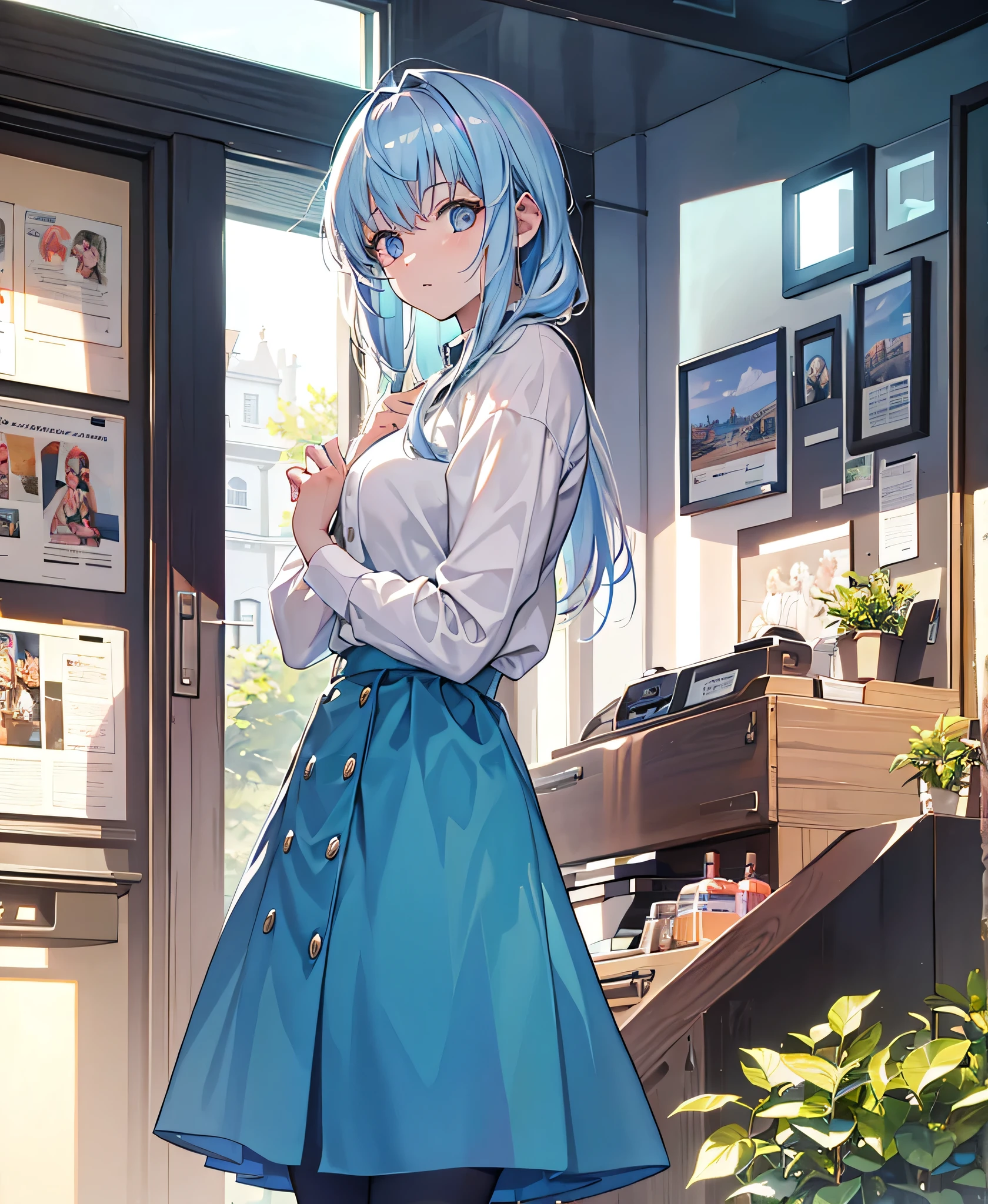 Refreshing morning light, iridescent highlights, A cool woman around 25 years old, I'm sleepy on the blank white sheets, Silver Hair, Wearing a chubby T-shirt