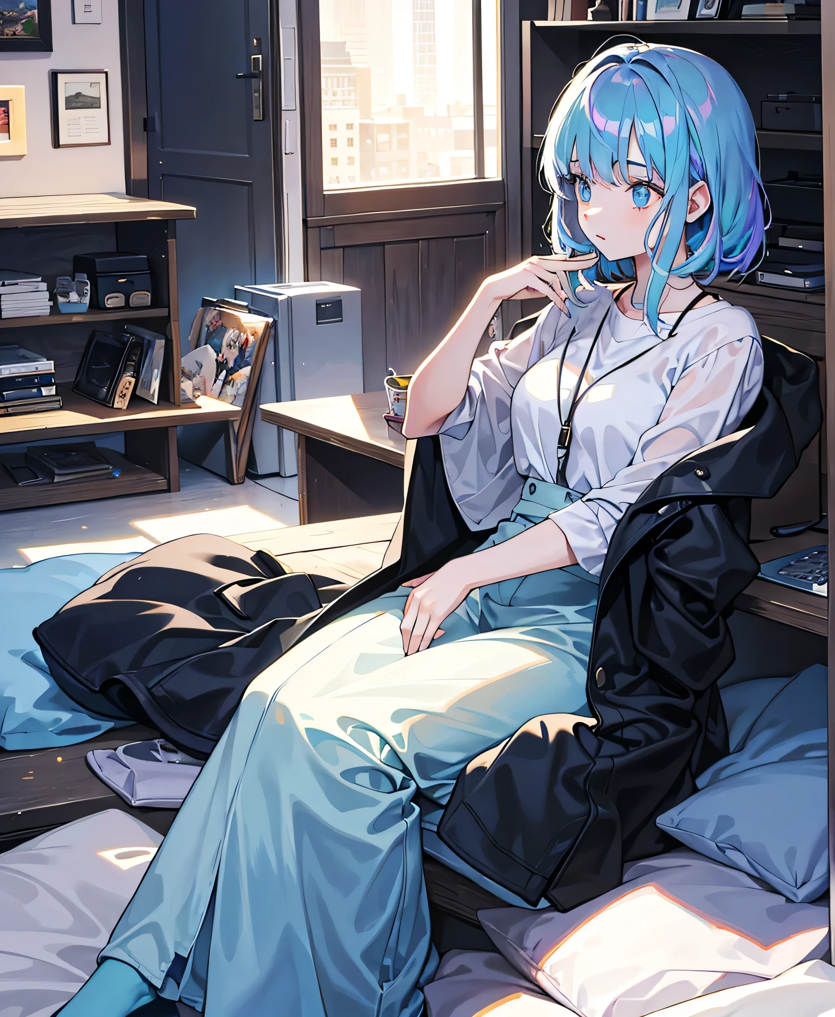 Refreshing morning light, iridescent highlights, A cool woman around 25 years old,  I&#39;m sleepy on the blank white sheets, Silver Hair, Wearing a chubby T-shirt