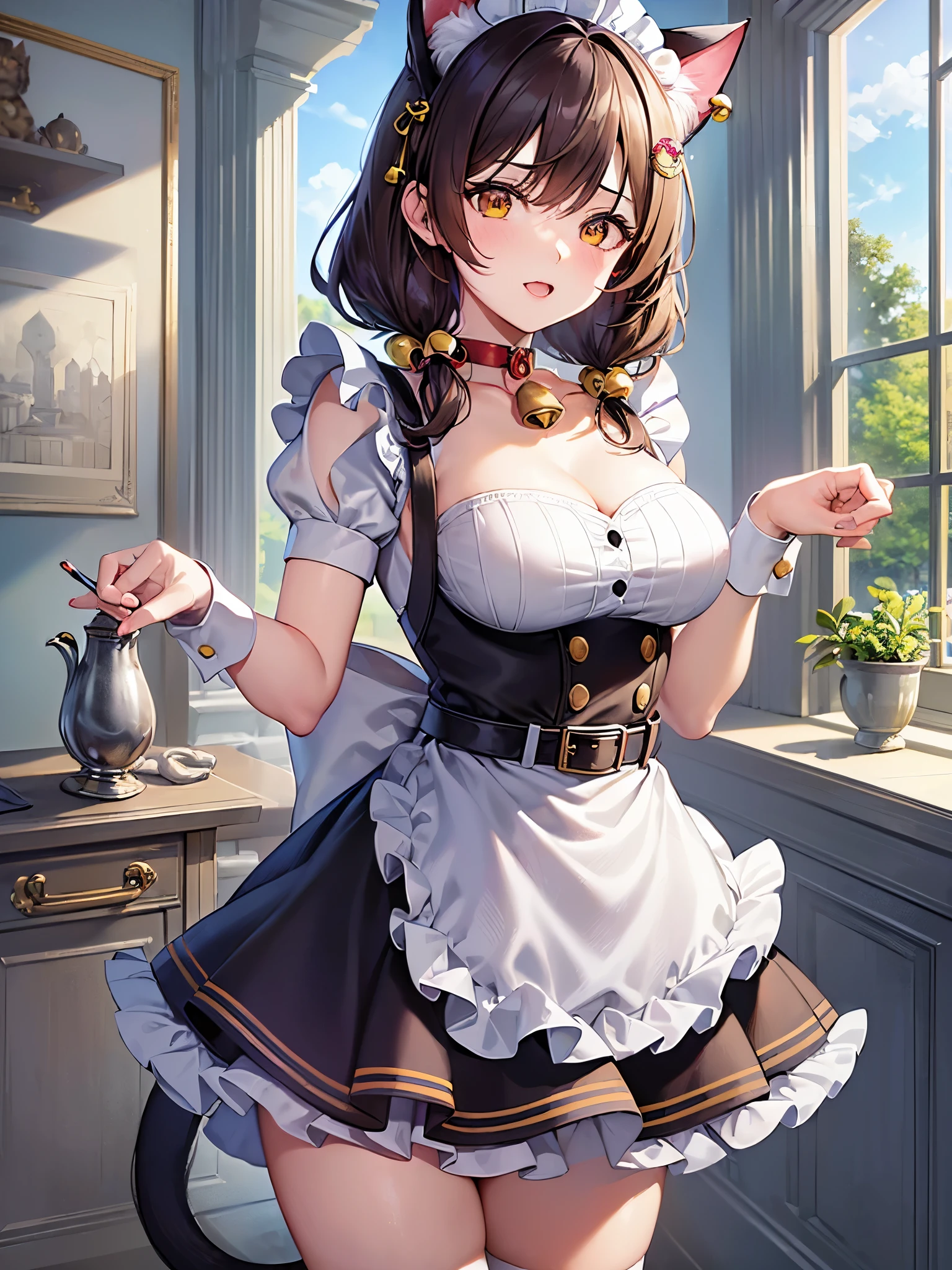 ((highest quality)),(Ultra-high resolution),(Very detailed),(Detailed Description),((The best CG)),(A masterpiece),Ultra-detailed art,Amazing drawing art,(Art with exquisite detail:1.5), (Cat Ear Maid:1.7),(Red belt choker with bells:1.6),(Mini flare skirt:1.3)