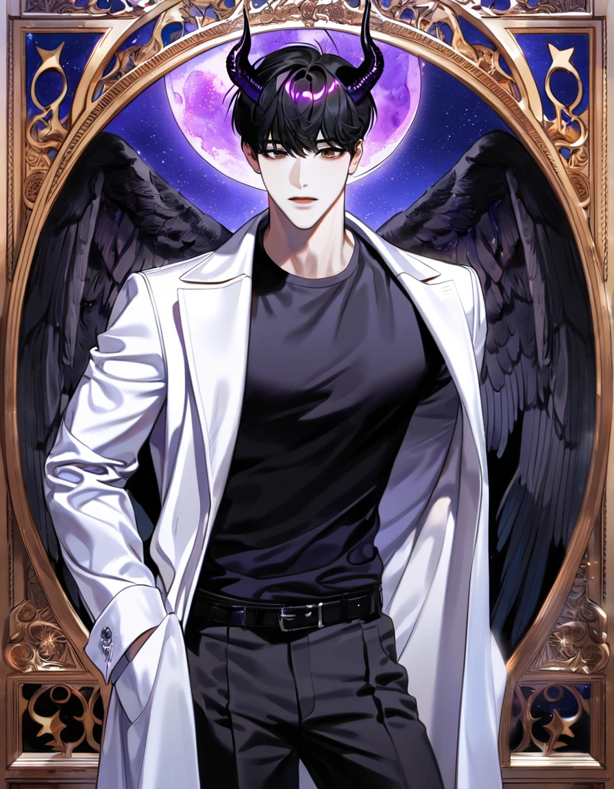 (absurdres, highres, ultra detailed, HDR) master piece, best quality, perfect face, Kim Dokja, black hair, expressive brown eyes, Omniscient reader's viewpoint, solo, sexy man, handsome, white coat, black shirt, black pants, black horns, black angel wings, purple moon, purple flames, purple butterflies, purple roses, starry sky