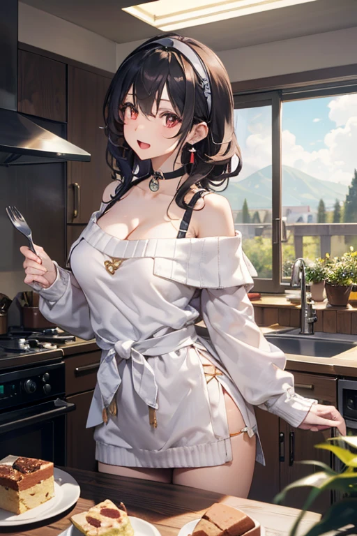masterpiece, 1girl, Amazing Cleavage:1.3, thin waist, big ass, Raised sexy, medium breast:1.3,posed cleavage:1.2,solo, looking at viewer, open mouth, have a cup of coffee,black hair, red eyes, dress, bare shoulders, jewelry, collarbone, sidelocks, hairband, earrings, indoors, off shoulder, :o, sweater, arms behind back, plant, short hair with long locks, white hairband, off-shoulder dress, sweater dress, off-shoulder sweater, red sweater, big side hair, very long side hair,is rendered in (masterpiece: 1.2, best quality), with (ultra high resolution) and an exquisite (depth of field). This masterpiece is not only visually stunning but also tells, make of cooking some cakes ,in the kitchen ,(beautiful scenery), upper eyes, (with sparkling eyes and a contagious smile:1.0),looking at Viewer