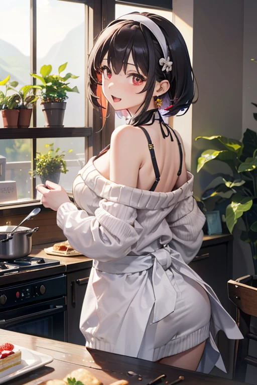 masterpiece, 1girl, Amazing Cleavage:1.3, thin waist, big ass, Raised sexy, medium breast:1.3,posed cleavage:1.2,solo, looking at viewer, open mouth, have a cup of coffee,black hair, red eyes, dress, bare shoulders, jewelry, collarbone, sidelocks, hairband, earrings, indoors, off shoulder, :o, sweater, arms behind back, plant, short hair with long locks, white hairband, off-shoulder dress, sweater dress, off-shoulder sweater, red sweater, big side hair, very long side hair,is rendered in (masterpiece: 1.2, best quality), with (ultra high resolution) and an exquisite (depth of field). This masterpiece is not only visually stunning but also tells, make of cooking some cakes ,in the kitchen ,(beautiful scenery), upper eyes, (with sparkling eyes and a contagious smile:1.0),looking at Viewer